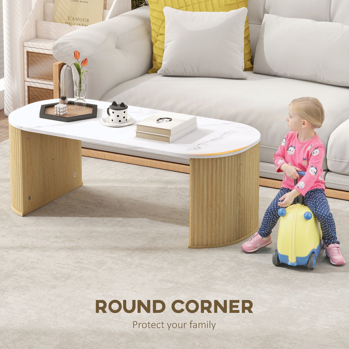 HOMCOM Coffee Table, Modern Marble-Effect Living Room Table with Round Corners and Thicken Legs, Black