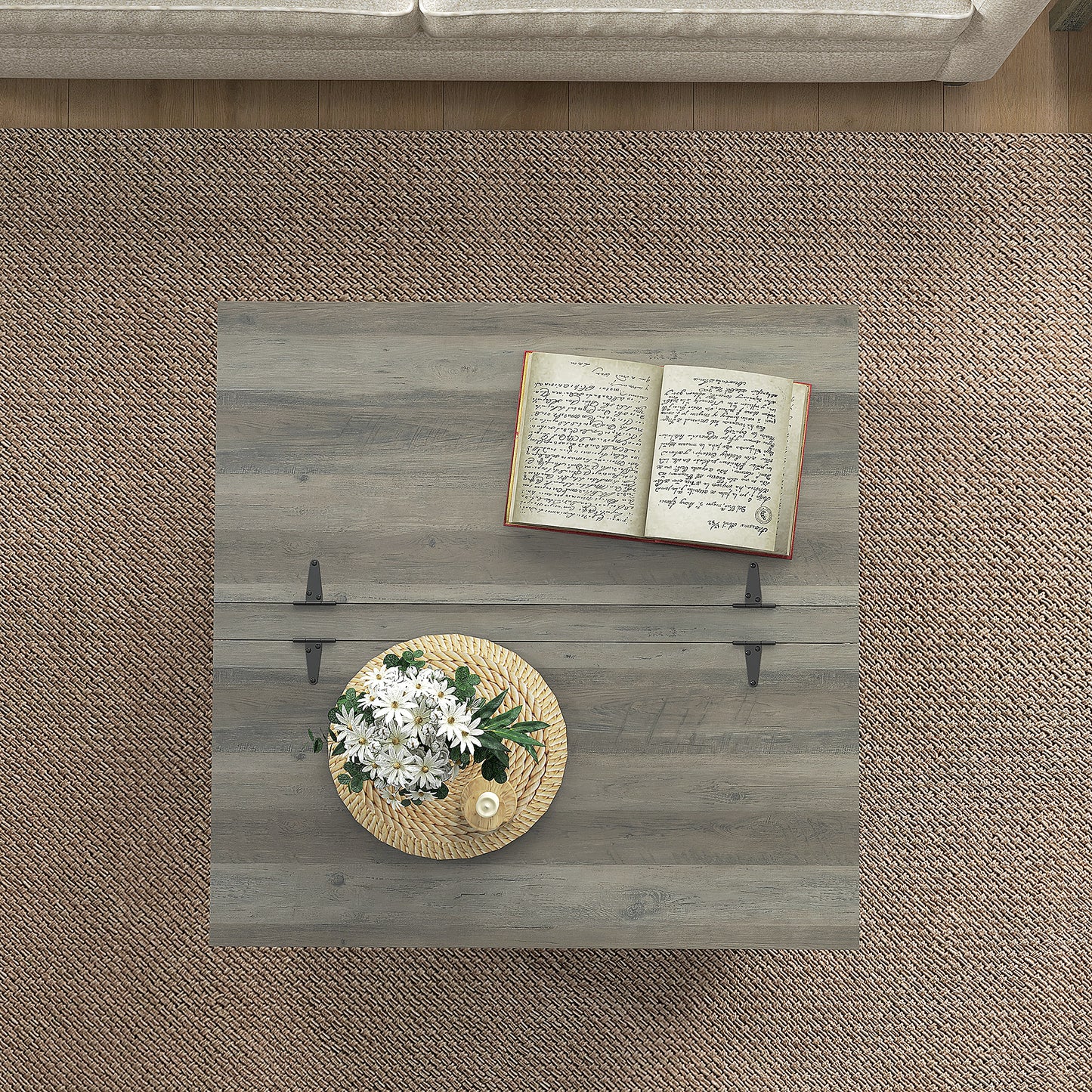 HOMCOM Farmhouse Coffee Table, Square Center Table with Flip-top Lids, Hidden Storage Compartment and Wooden Legs, Oak