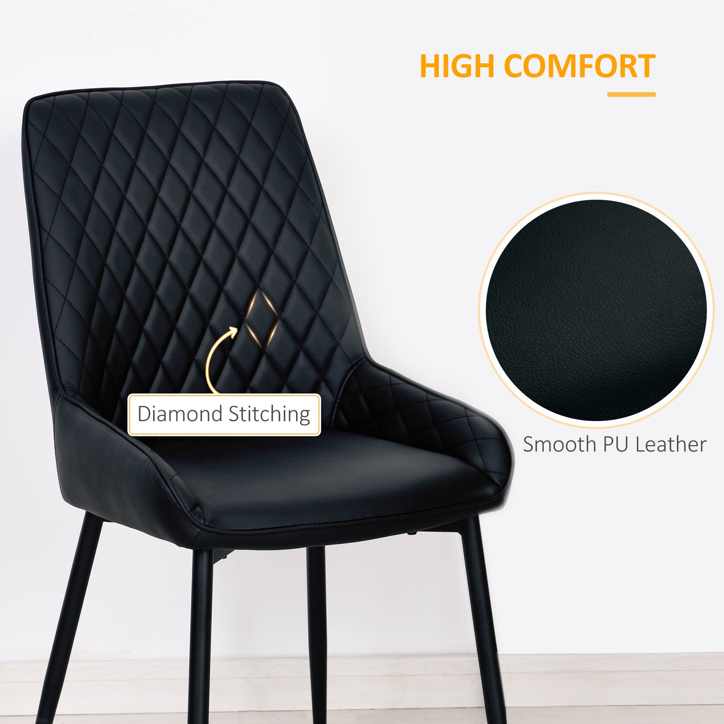 HOMCOM Upholstered Kitchen Chairs, Modern Dining Chairs Set of 2 with Diamond Tufting and Steel Legs for Dining Room, Black
