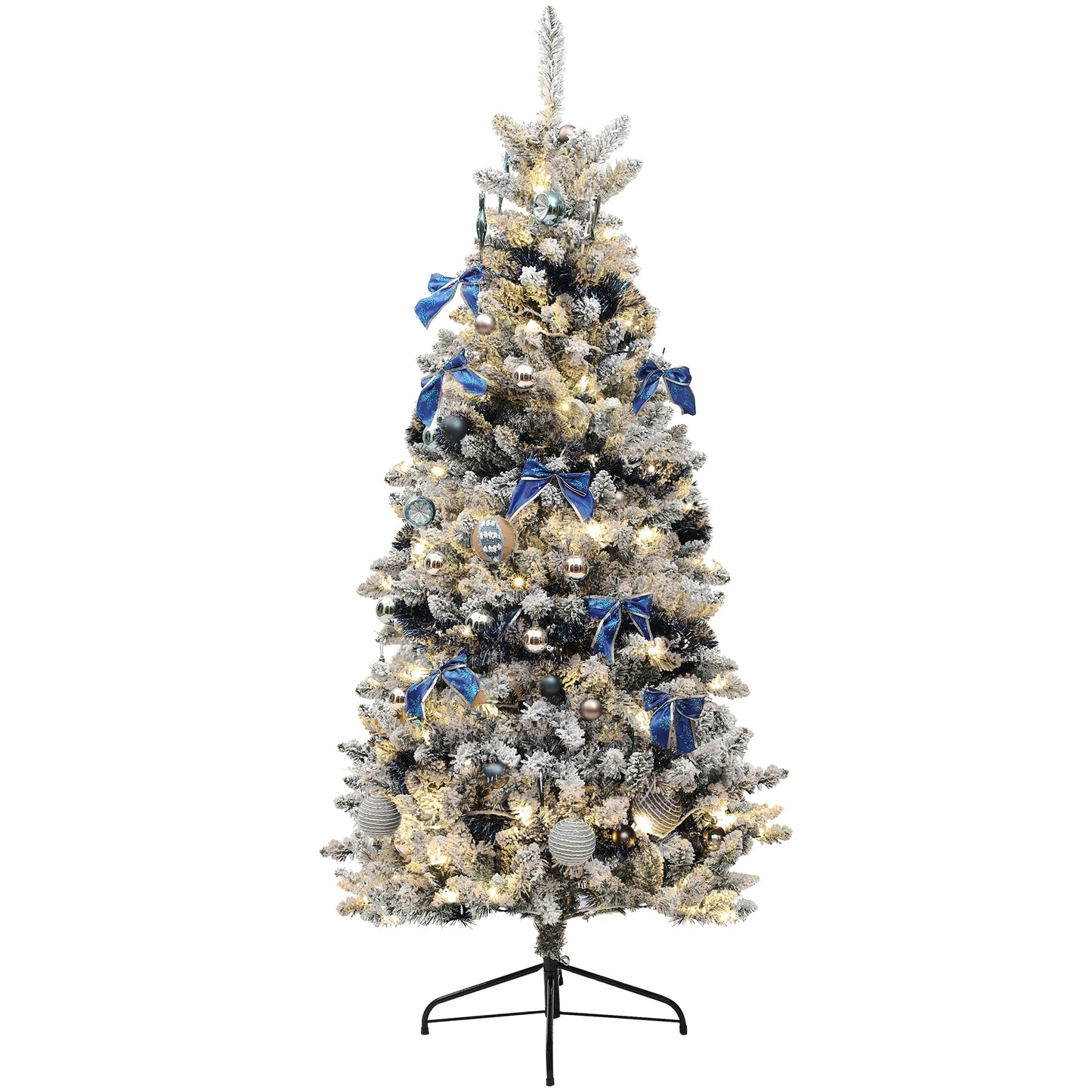HOMCOM 5ft Prelit Artificial Christmas Tree with Blue Ornaments, Flocked Christmas Tree with LED Lights for Holiday