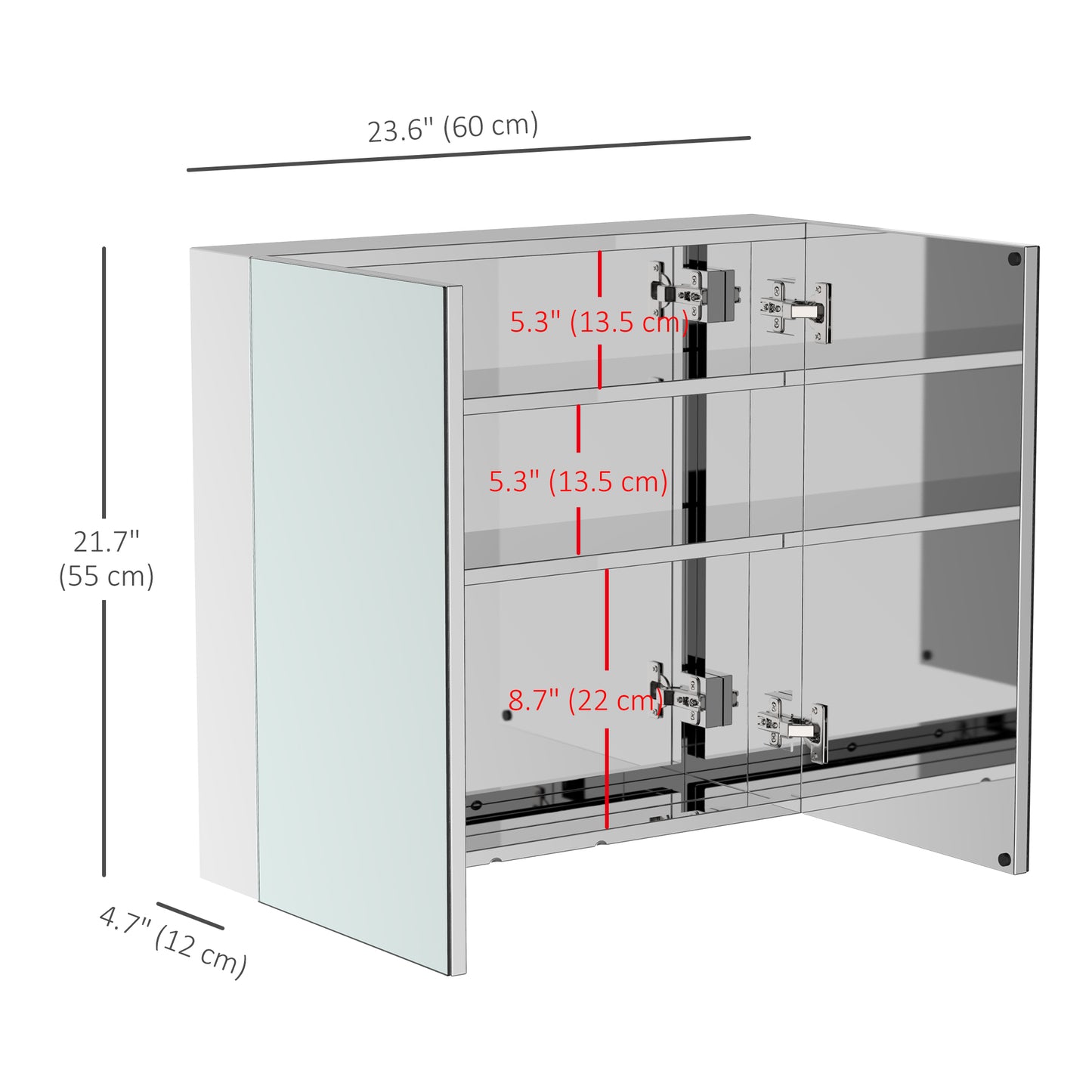 HOMCOM Wall Mounted Mirror Cabinet, Bathroom Medicine Cabinet with Mirror, 2 Doors and 3-tier Shelving, Silver