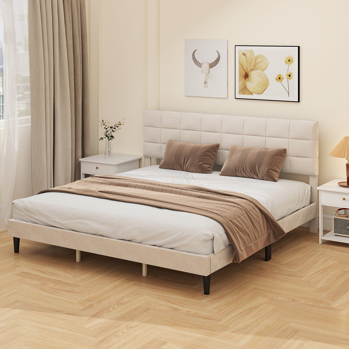 HOMCOM Queen Size Bed Frame with Upholstered Headboard, Modern Platform Bed Frame with Wood Slats, 1100 lbs Capacity, Cream