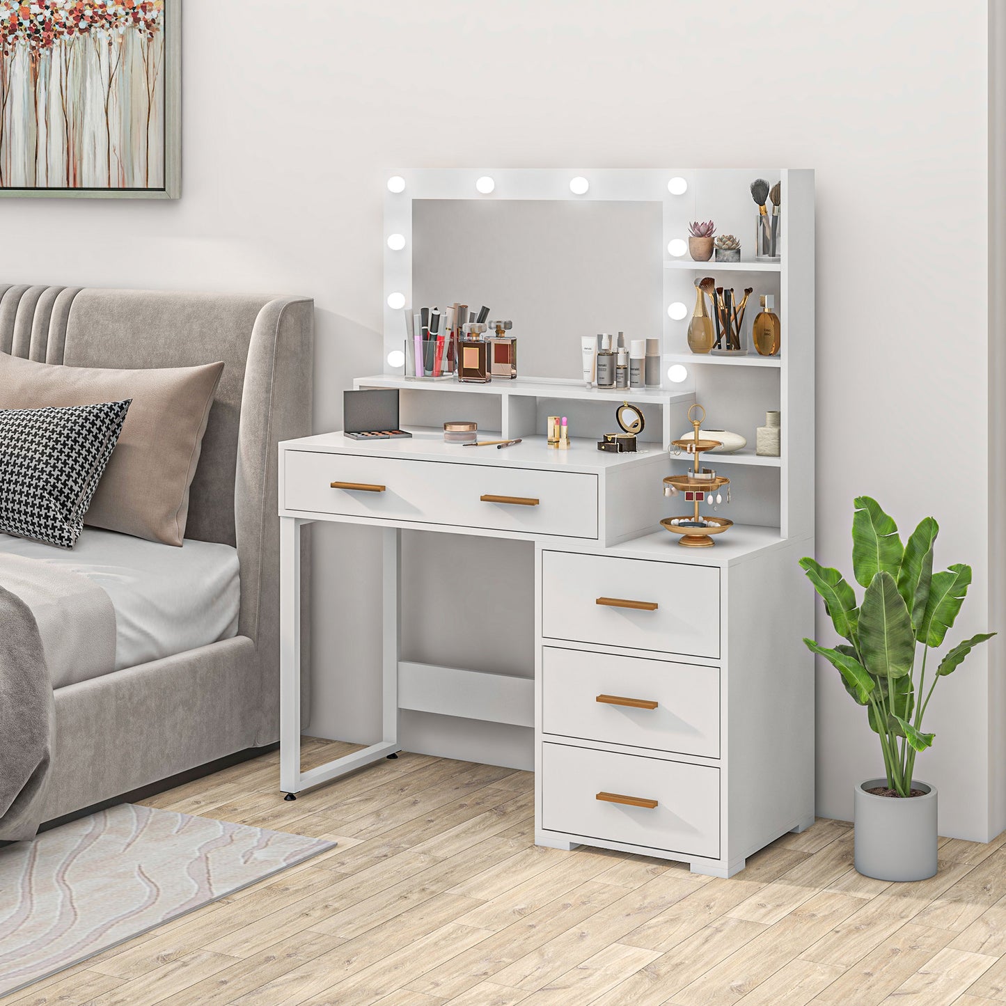 HOMCOM Illuminated Dresssing Table, LED Vanity Table with Mirror, Drawer and Storage Shelves for Bedroom, White
