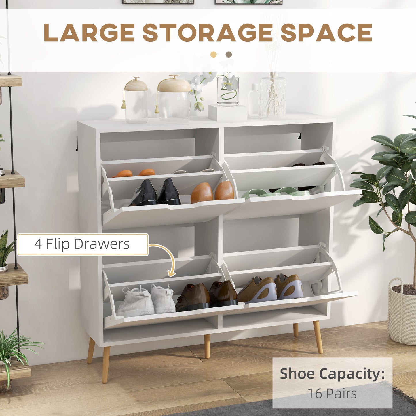 HOMCOM Shoe Storage Cabinet with 4 Flip Drawers and Adjustable Shelf, Shoe Cabinet for 8-16 Pairs of Shoes, Natural