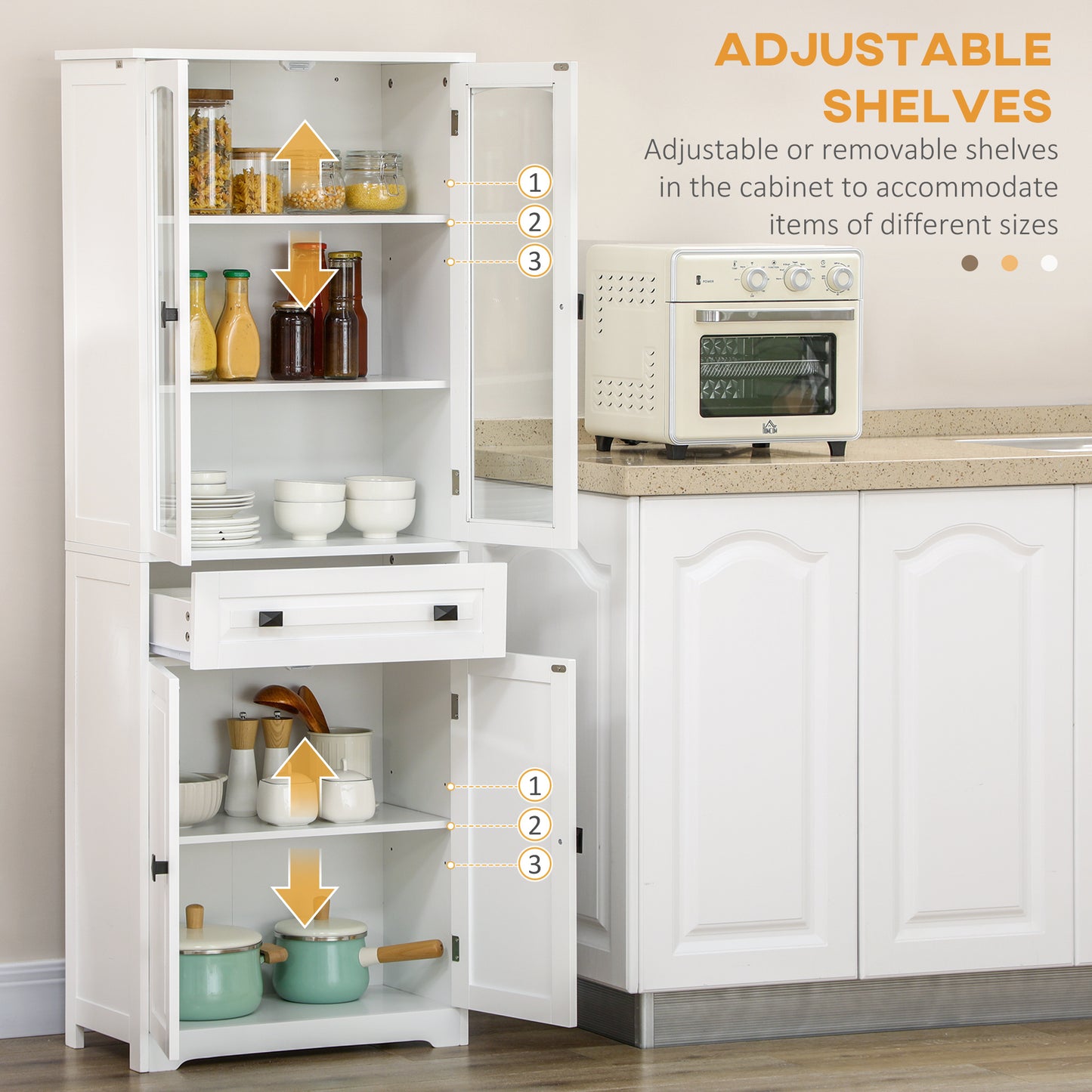 HOMCOM 63" 4-Door Kitchen Pantry Cabinet, Freestanding Storage Cabinet Cupboard with Adjustable Shelves, White