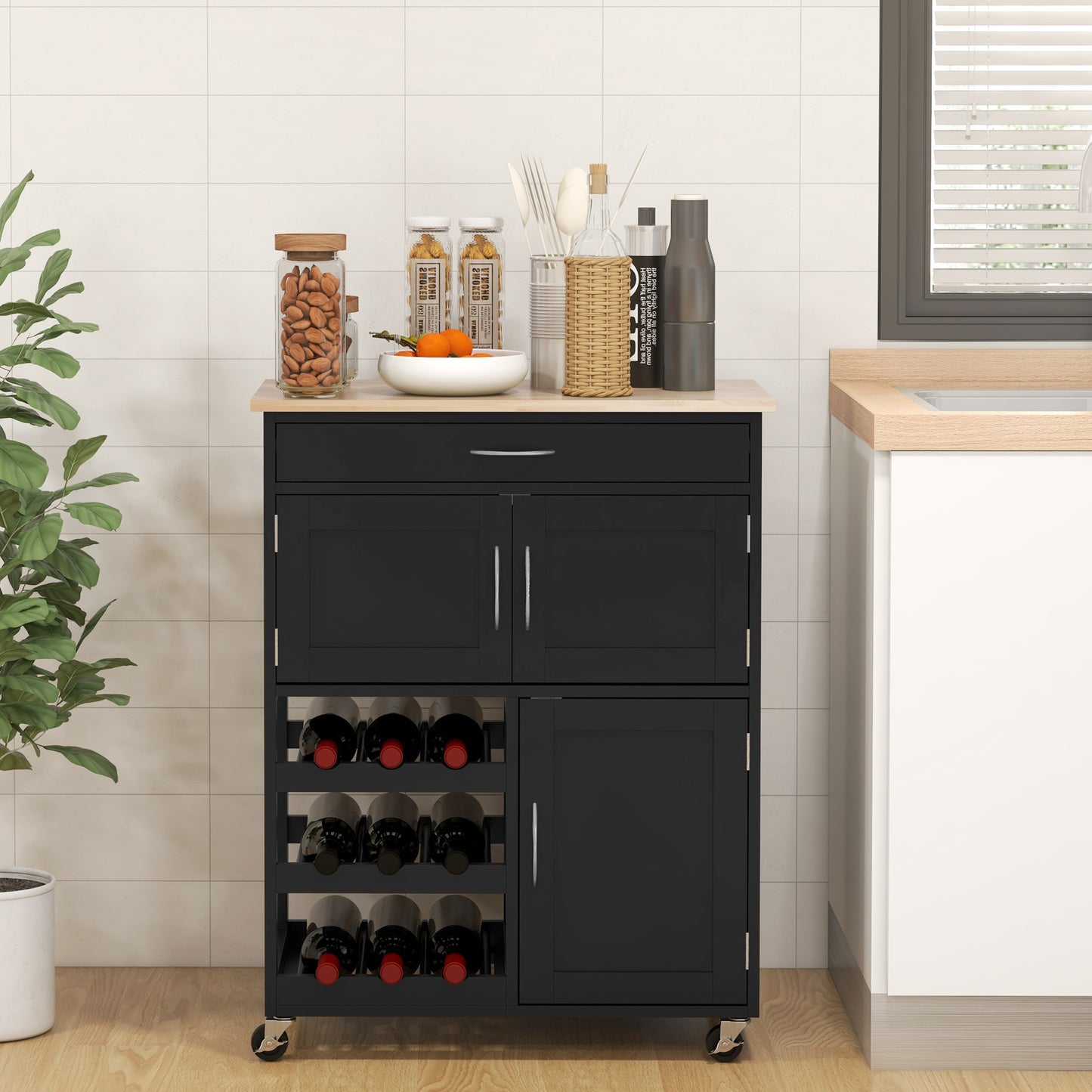 HOMCOM Rolling Kitchen Cart, Kitchen Island with Storage Drawer, 9-bottle Wine Rack, Door Cabinets, Wooden Countertop, White