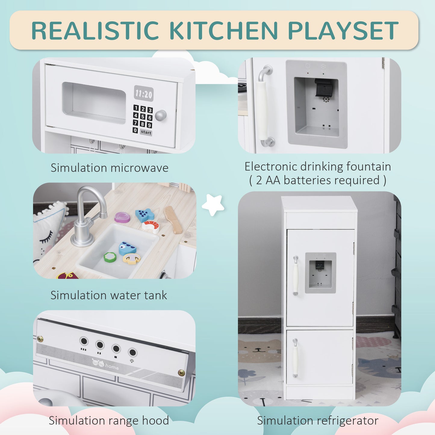 Qaba Kids Kitchen Play Cooking Toy Set for Children with Drinking Fountain, Microwave, Accessories, White