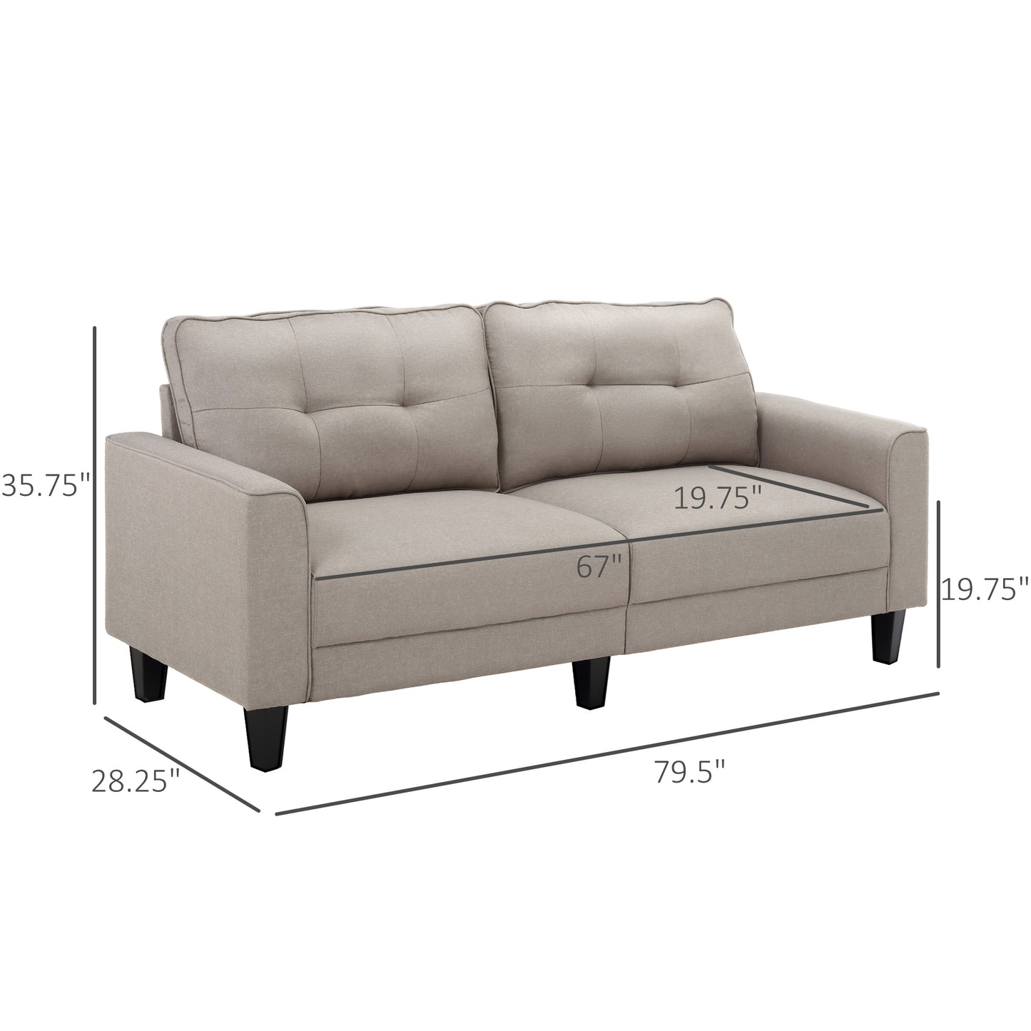 HOMCOM 3-Seater Sofa, Mid-Century Linen Couch with Upholstered Seat, Button-Tufted Back Cushion and Rubber Wood Legs for Living Room, Bedroom, Gray