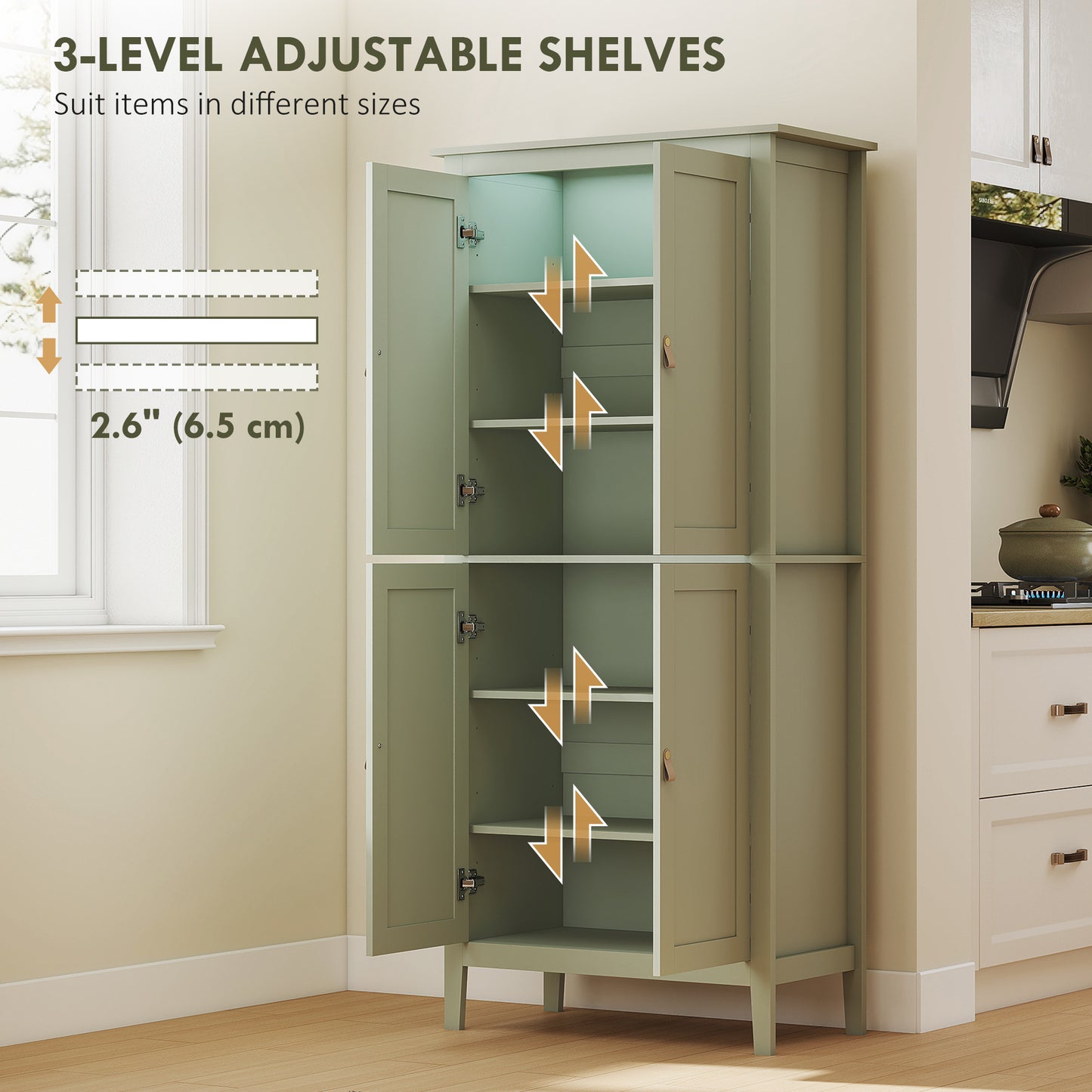 HOMCOM 69.5" Tall Kitchen Pantry Storage Cabinet with Motion Sensor LED Light, Modern Kitchen Pantry Cabinet, Green