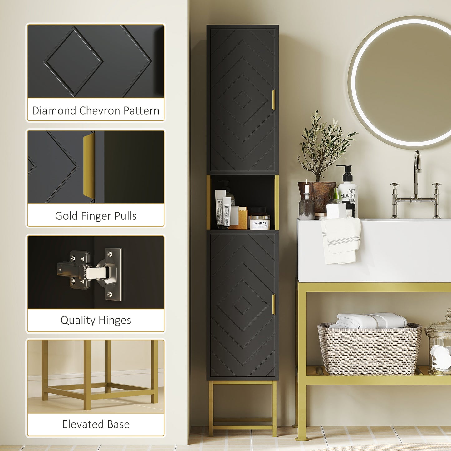 kleankin Tall Bathroom Storage Cabinet, Modern Narrow Bathroom Cabinet with Diamond Chevron Pattern and Adjustable Shelf, White