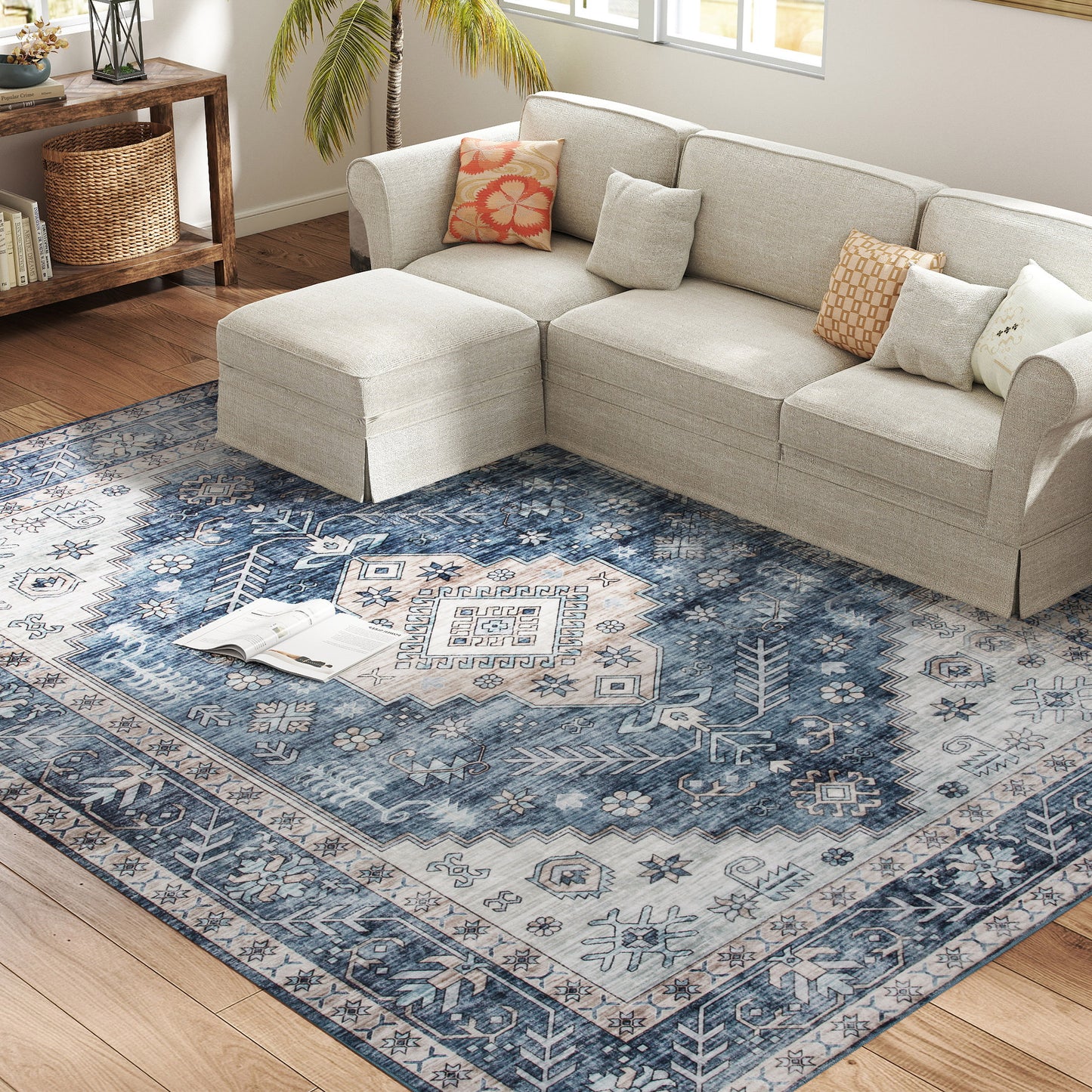 HOMCOM 6x9 Area Rug, Vintage Machine Washable Rug, Non-Slip Floor Carpet for Living Room, Bedroom, Dining Room, Blue
