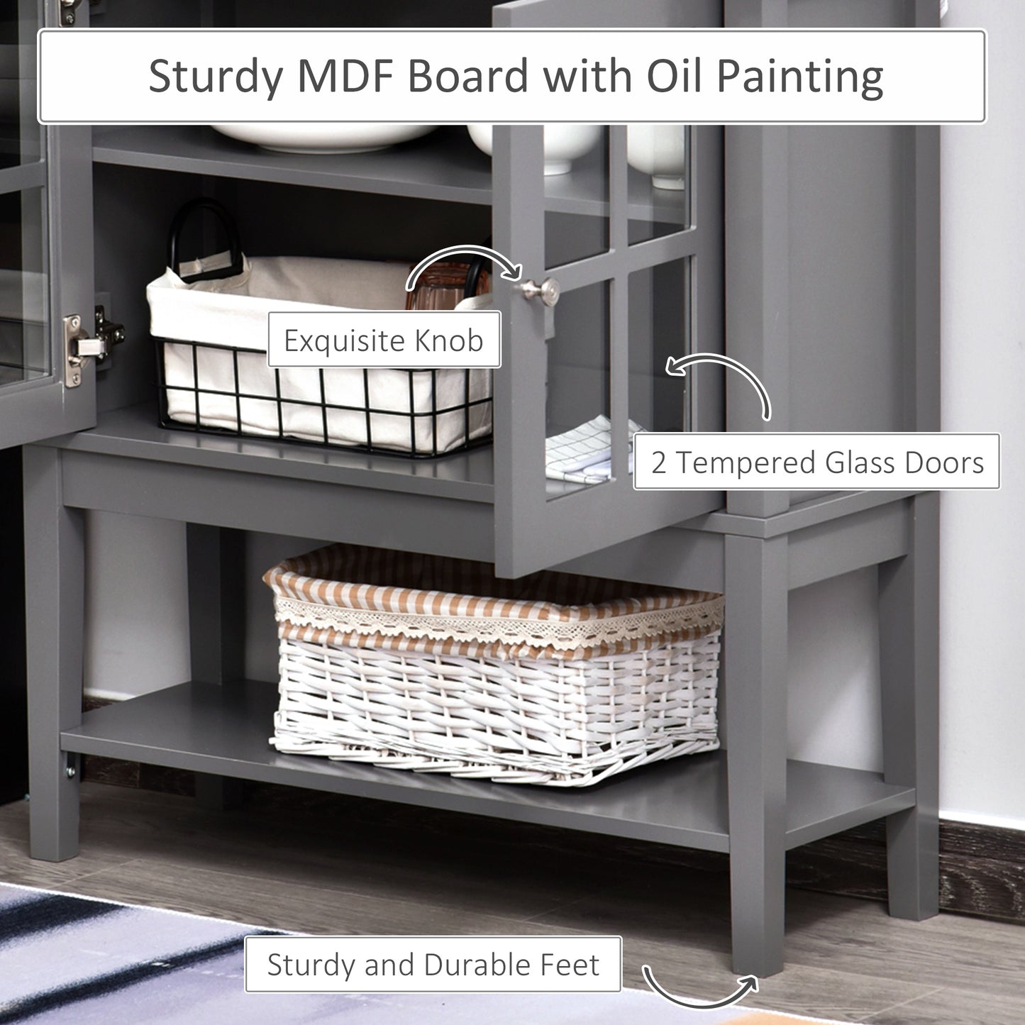 HOMCOM Modern Sideboard Buffet Cabinet Wood Console Table with Glass Doors Kitchen Dining Room Furniture White