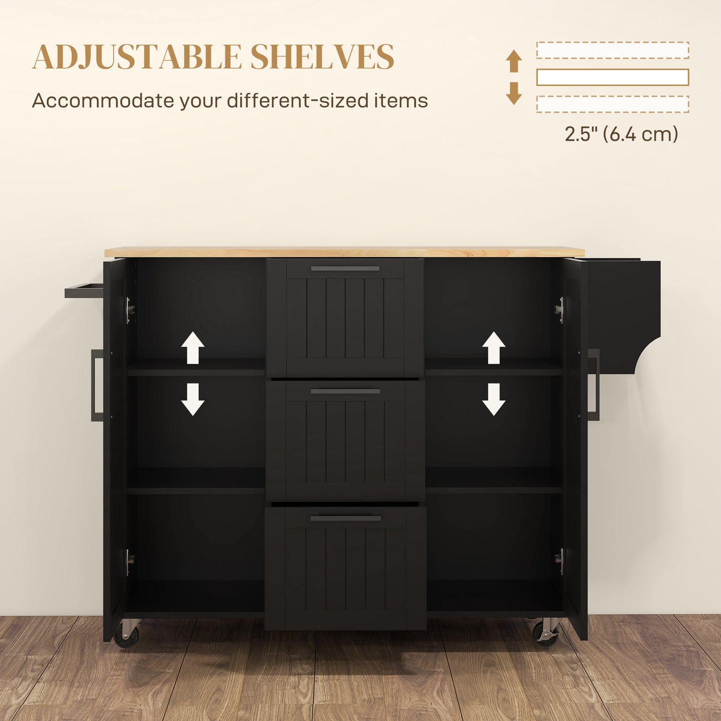 HOMCOM Rolling Kitchen Cart on Wheels with Drop Leaf, Kitchen Island with 3 Drawers, Solid Wood Top and Towel Rack, White