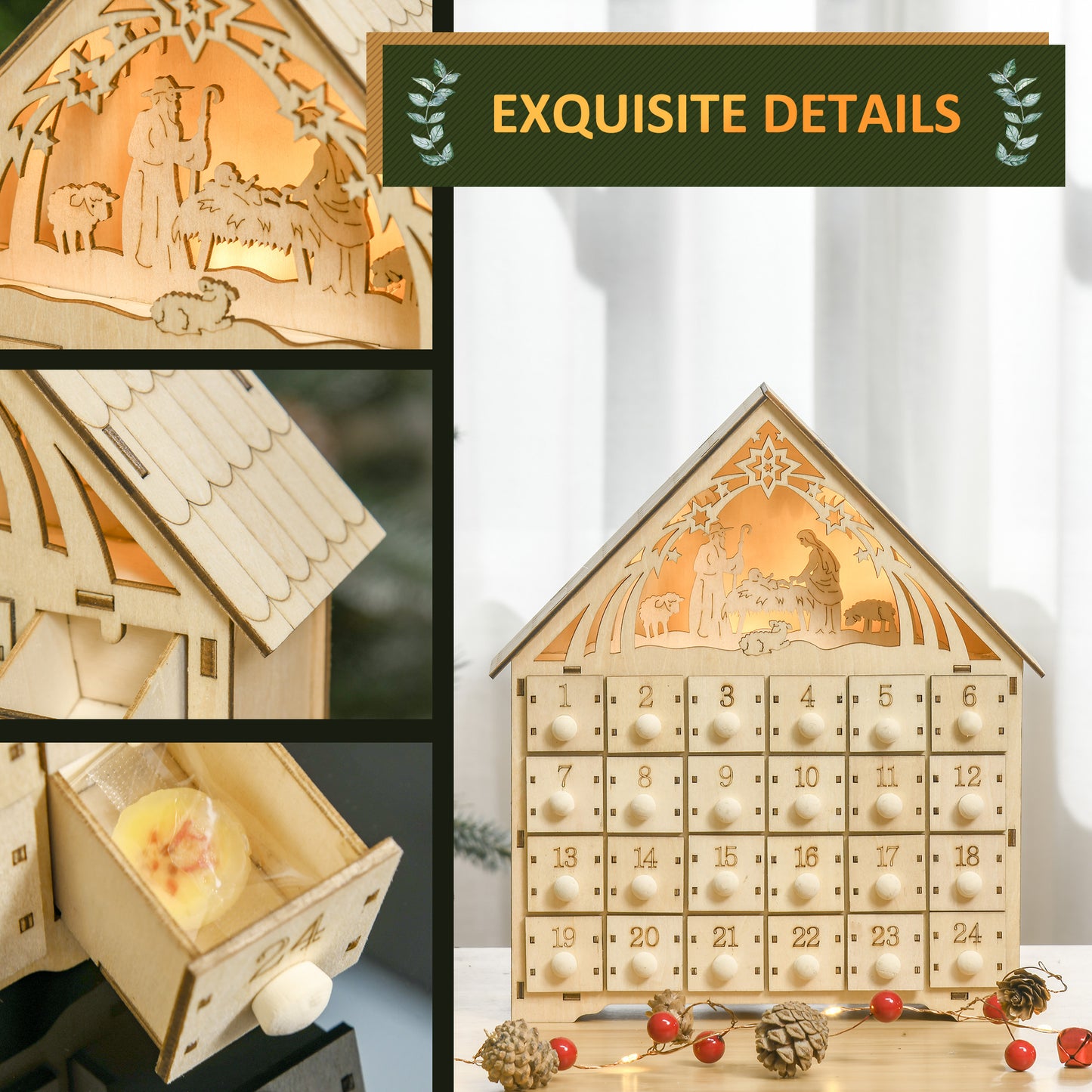 HOMCOM Wooden Christmas Advent Calendar, Lighted 24 Days Xmas Calendar House, Christmas Table Decoration with Countdown Drawers, Bible Characters, Battery Operated, Natural