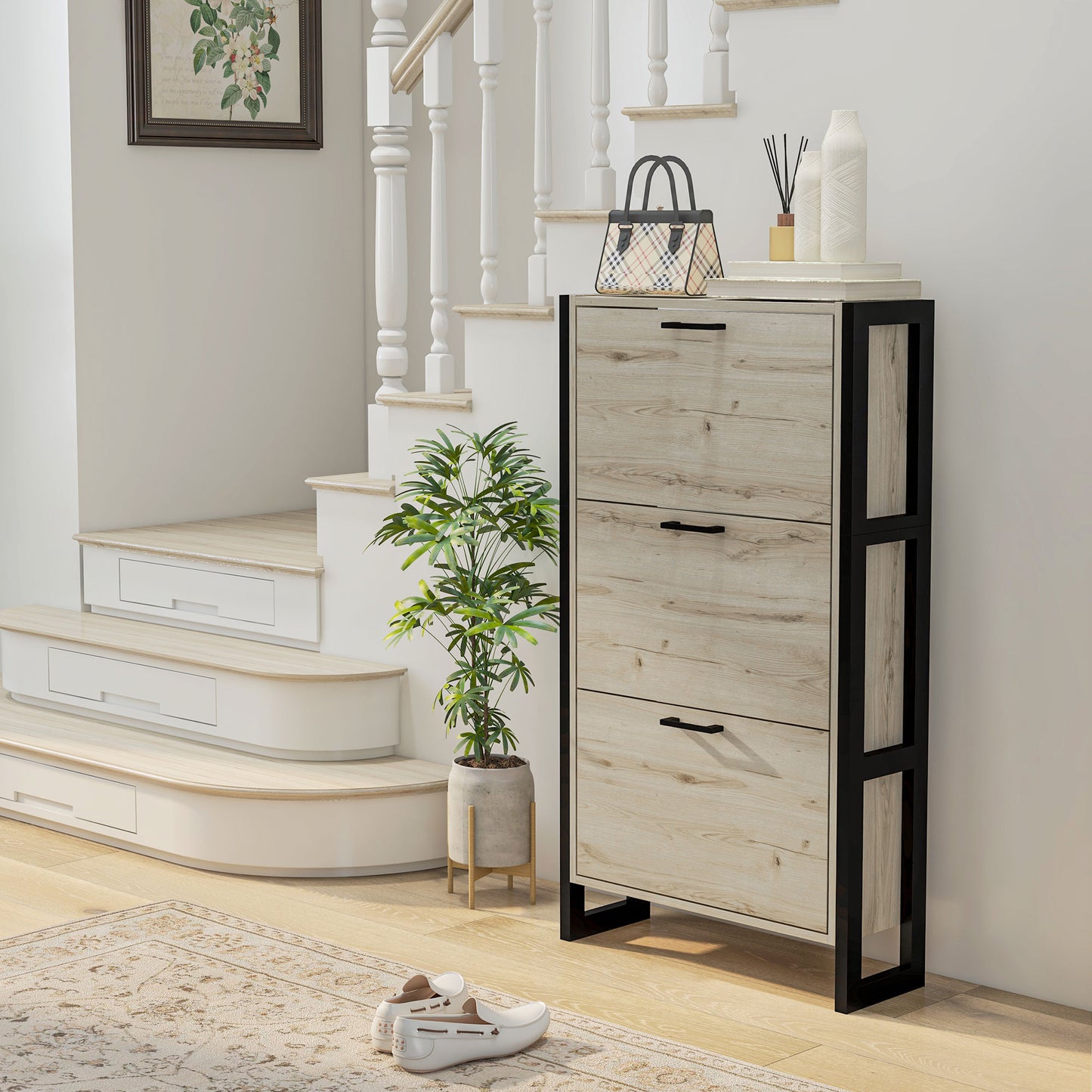 HOMCOM Shoe Cabinet with 3 Flip Drawer, Narrow Slim Shoe Storage Cabinet for 15 Pairs, Walnut