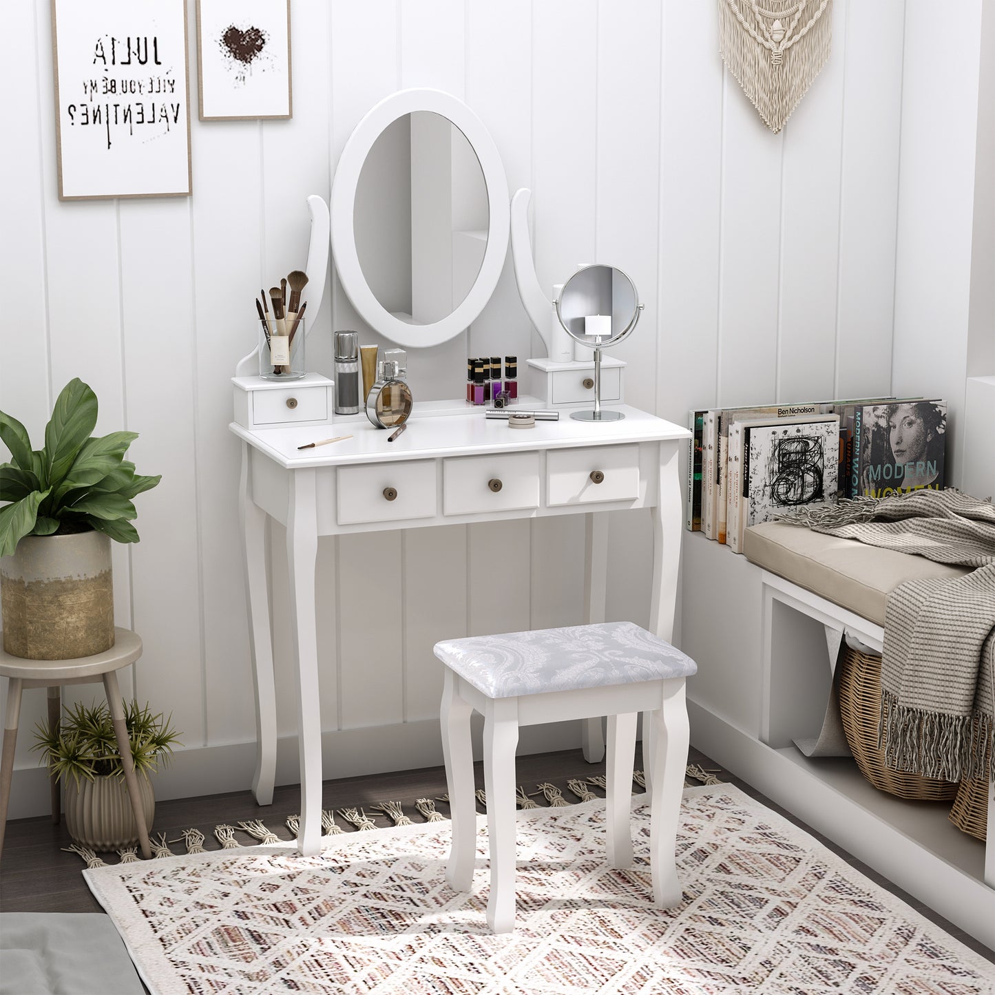 HOMCOM Vanity Desk with Stool, Makeup Vanity with 360° Rotating Oval Mirror, 5 Drawers and Padded Seat, Dressing Table for Bedroom, Black