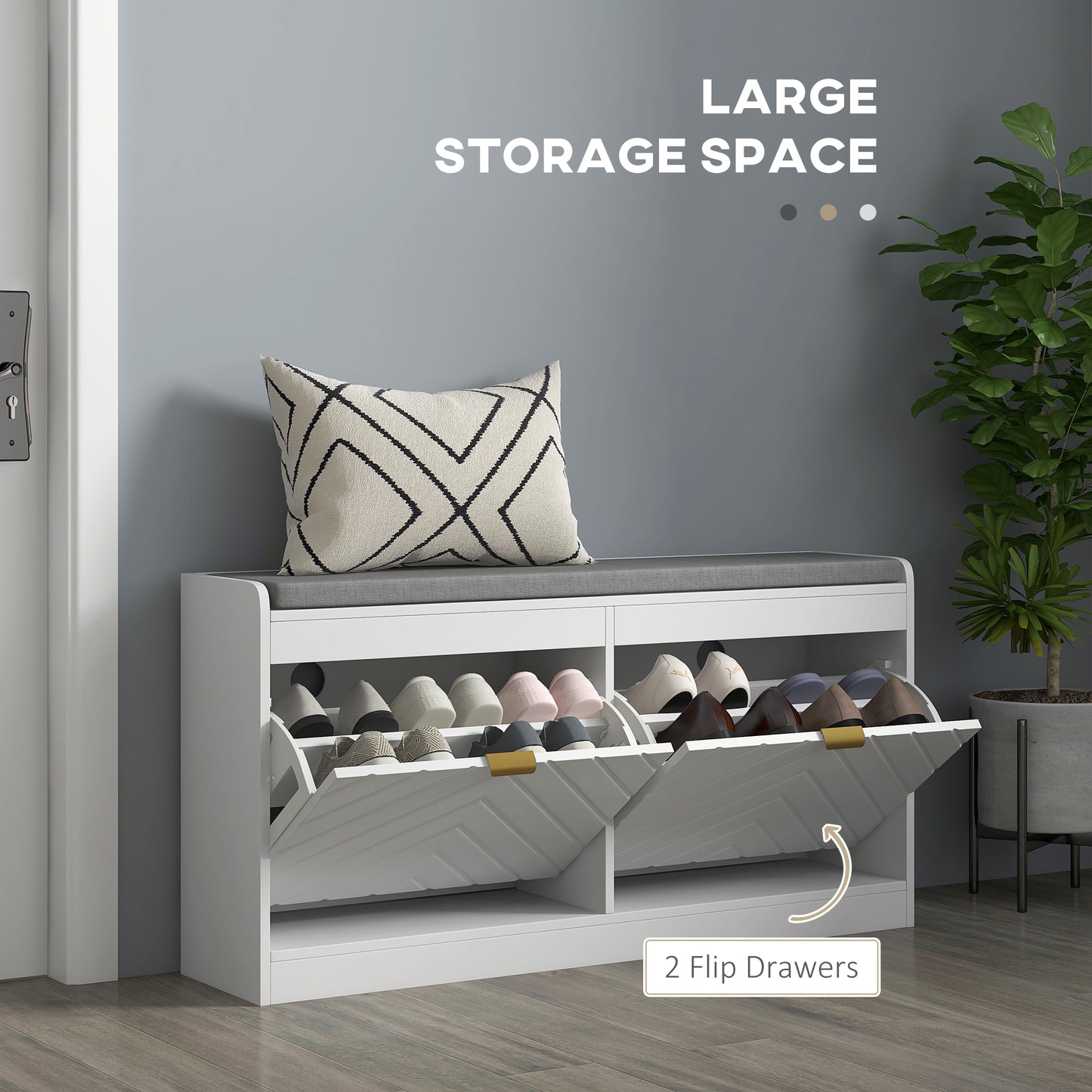 HOMCOM Shoe Storage with Seat, Upholstered Hallway Bench, Shoe Bench with 2 Flip Drawers and 4 Vents for 8 Pairs of Shoes