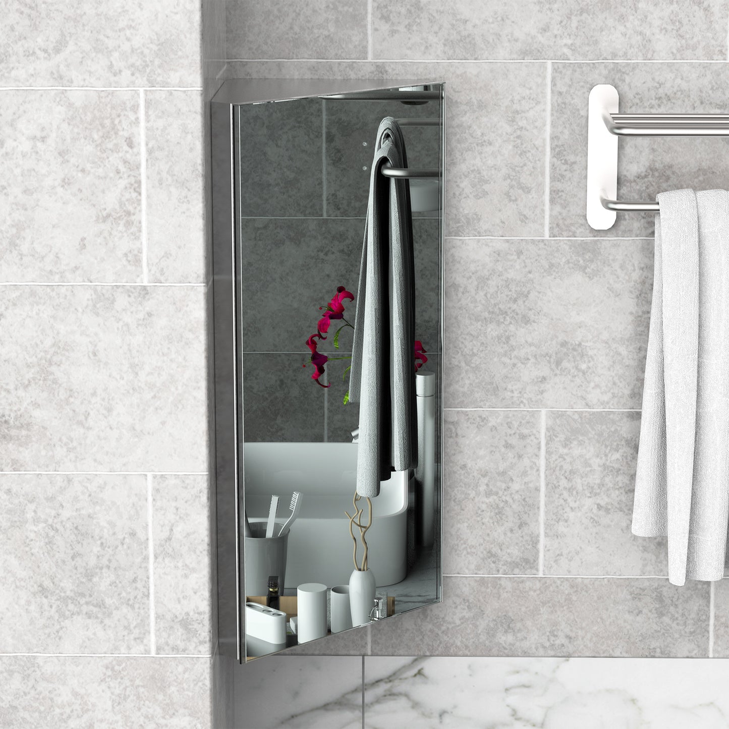 HOMCOM Wall mounted Bathroom Corner Mirror Storage Cabinet Stainless Steel with Single Door