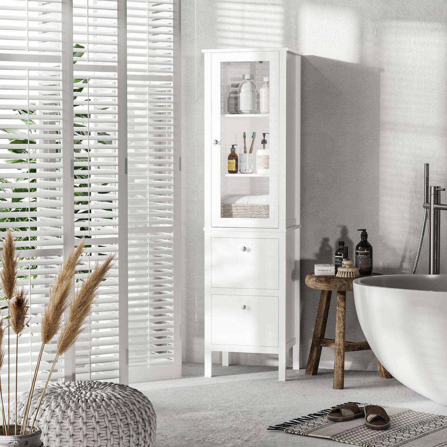 kleankin Tall Bathroom Cabinet with Tempered Glass Door, Storage Organizer, Freestanding Linen Tower with 2 Adjustable Shelves and 2 Drawers, White