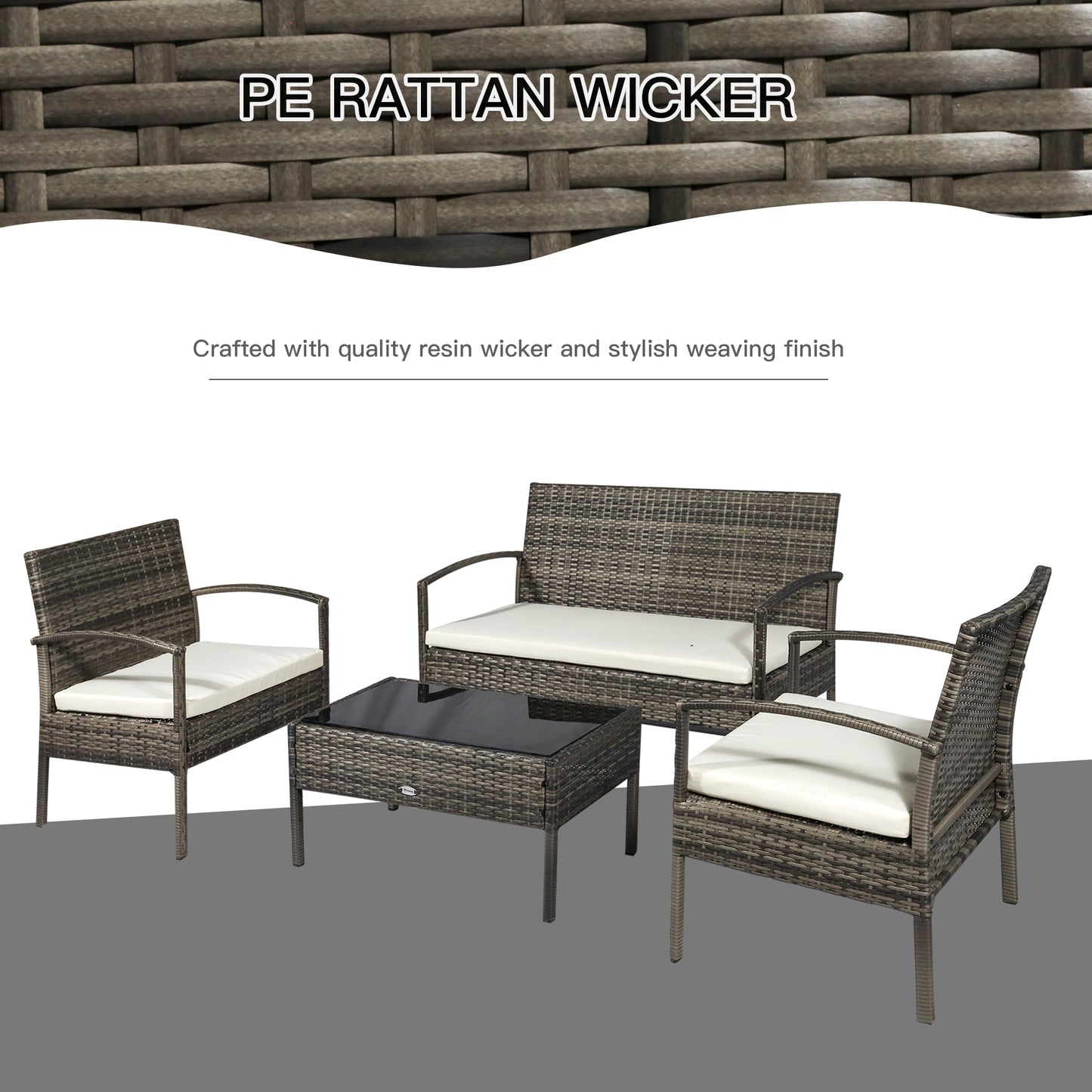 Outsunny 4 Pieces Patio Furniture Sets with A Loveseat, Two Armchairs and A Coffee Table, Outdoor Conversation Set with Glass Top Table, Grey PE Rattan and Cream White Cushions