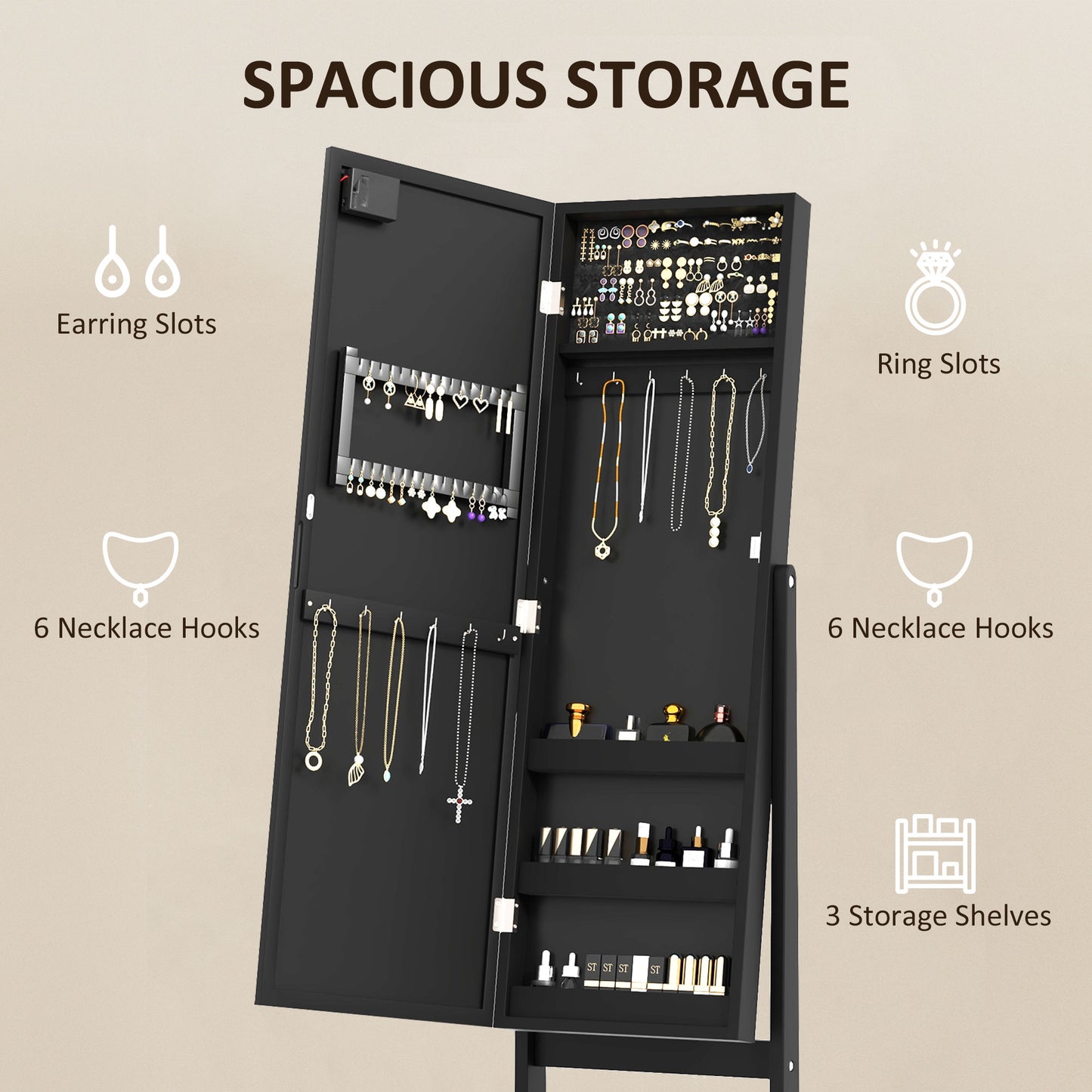 HOMCOM Free Standing Armoire Organizer, Lighted Mirrored Jewelry Cabinet w/ Angle Adjustable & 16 LED Lights Warm White