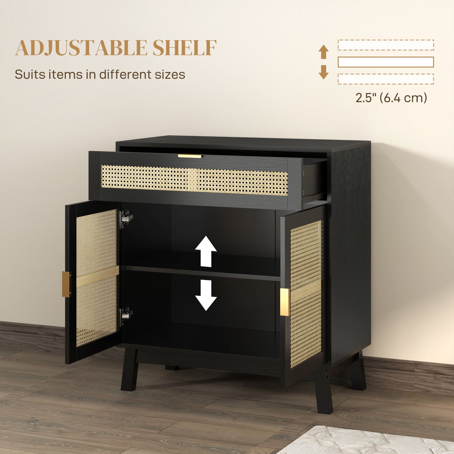 HOMCOM Boho Sideboard Storage Cabinet with Rattan Doors, Black