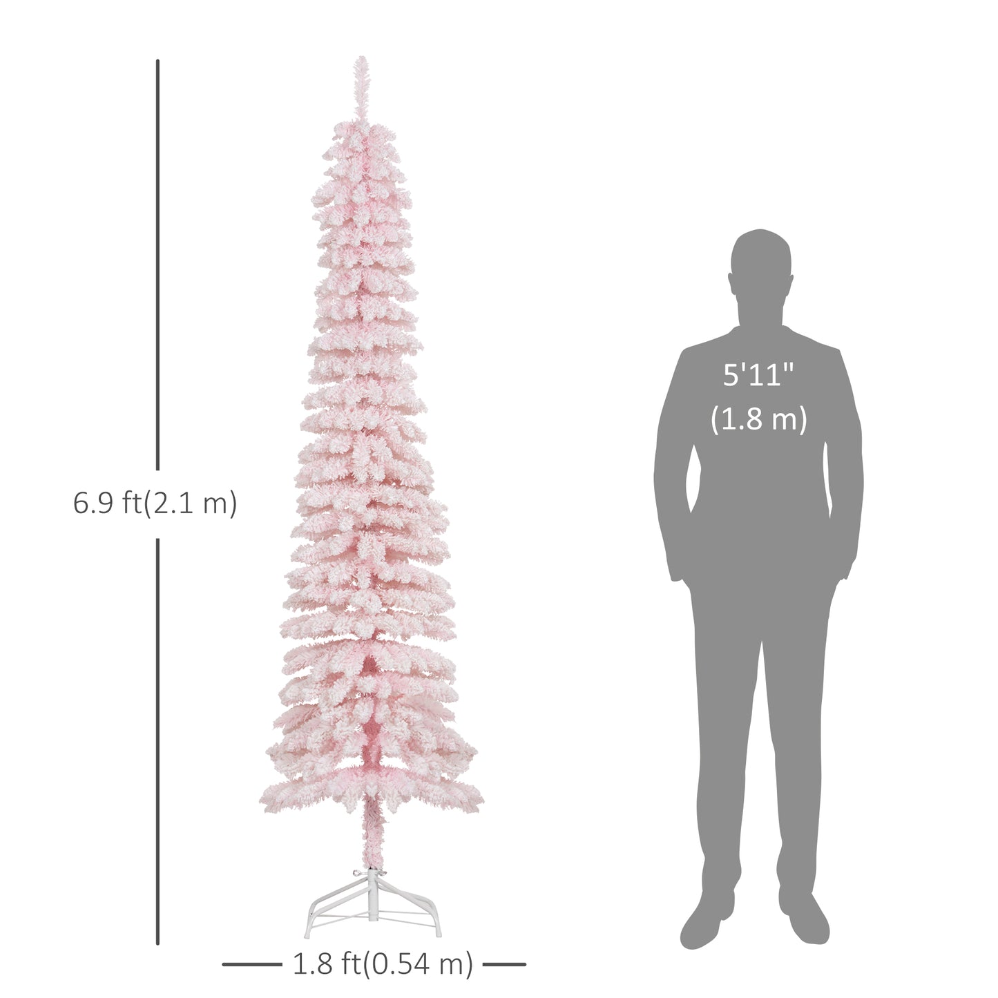 HOMCOM 6 Ft Snow-Flocked Artificial Christmas Tree, Slim Pencil Xmas Tree with Realistic Branches, Metal Base, Green