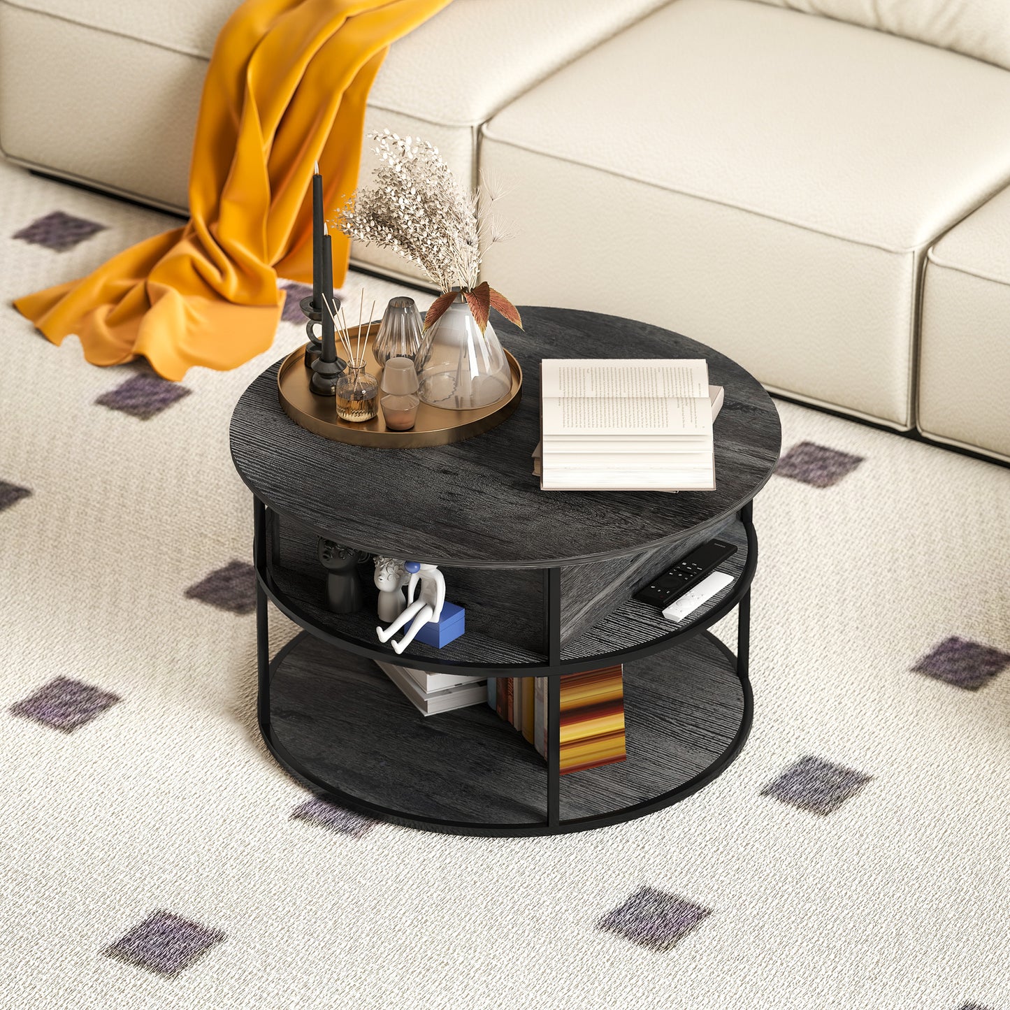 HOMCOM Lift Top Coffee Table, Round Coffee Table with Storage Shelf, Hidden Compartment and Steel Frame, Distressed Dark Grey