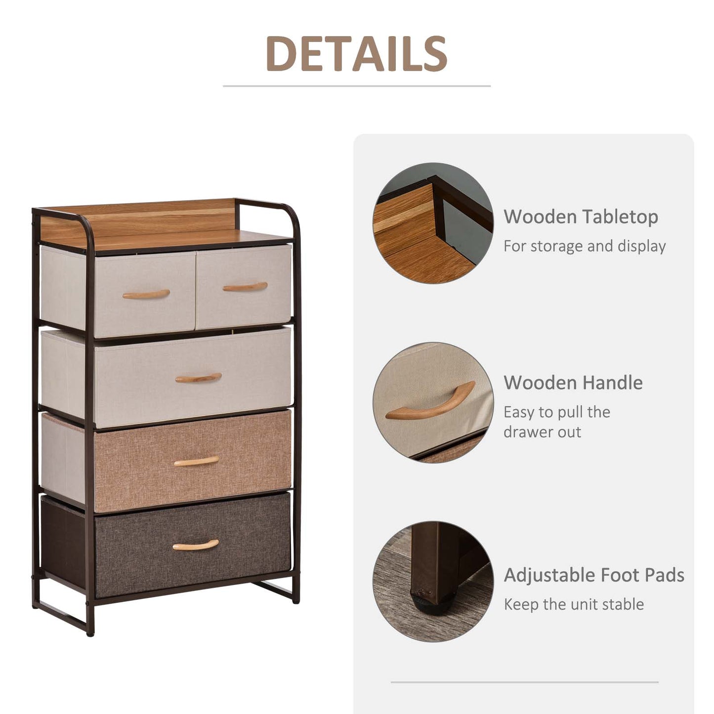 HOMCOM Dresser for Bedroom with 5 Drawers, Chest of Drawers with Metal Frame, Fabric Dresser for Living Room, Multi-Coloured