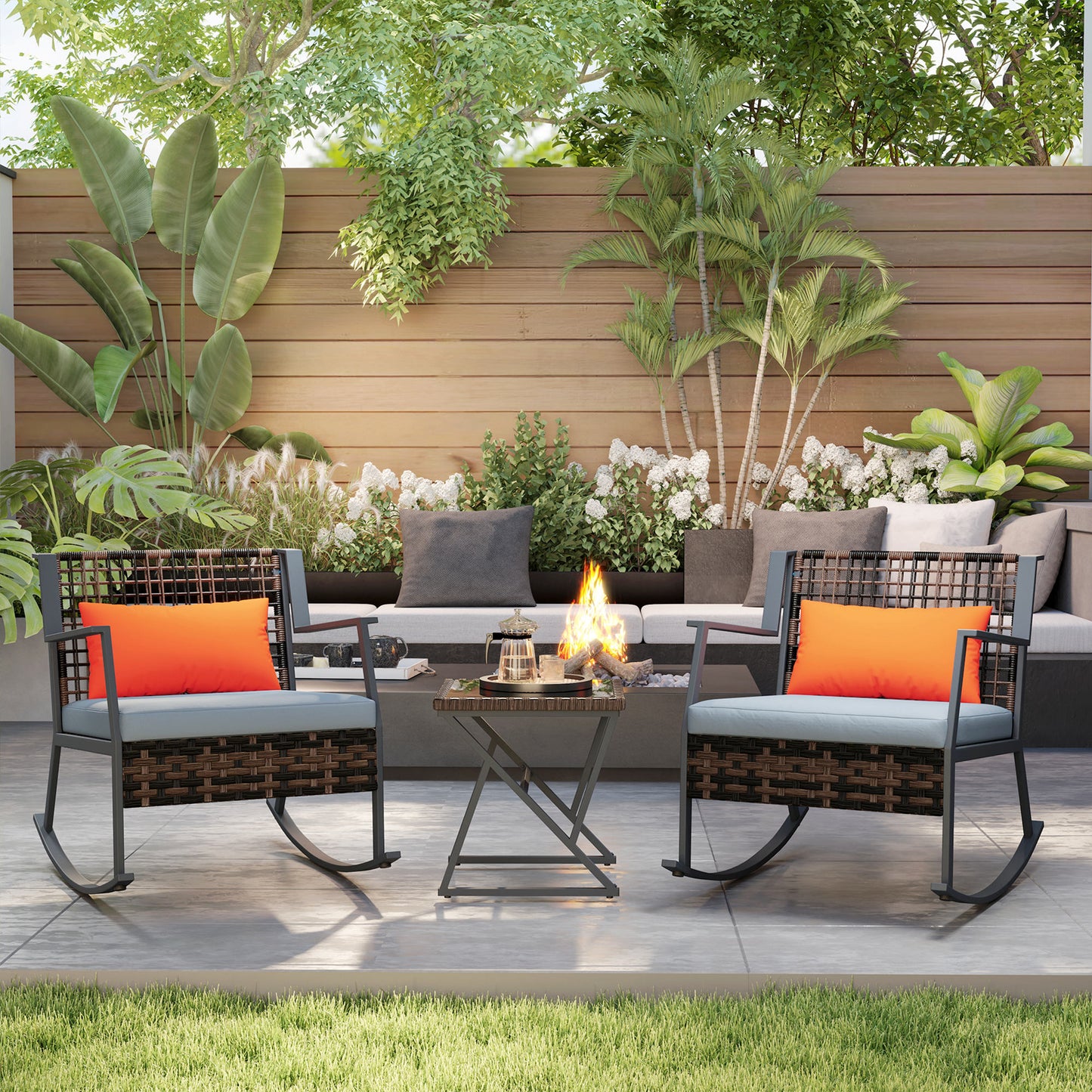 Outsunny 3 Pieces Rocking Bistro Set, Wicker Patio Furniture Set with Cushions and Glass Table for Porch, Balcony, Grey