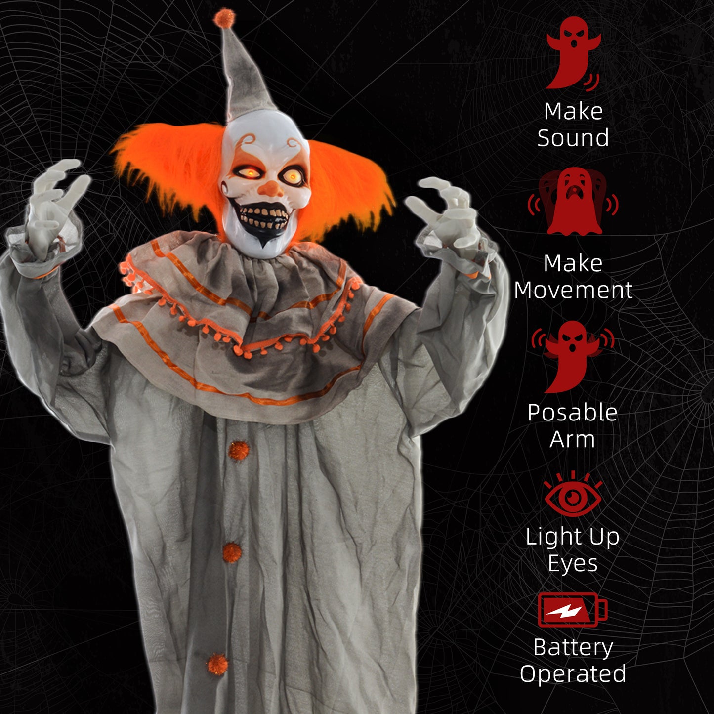 Outsunny 5.6' Life Size Clown Outdoor Halloween Decoration Animatronic, Animated Prop w/ Light Up Eyes