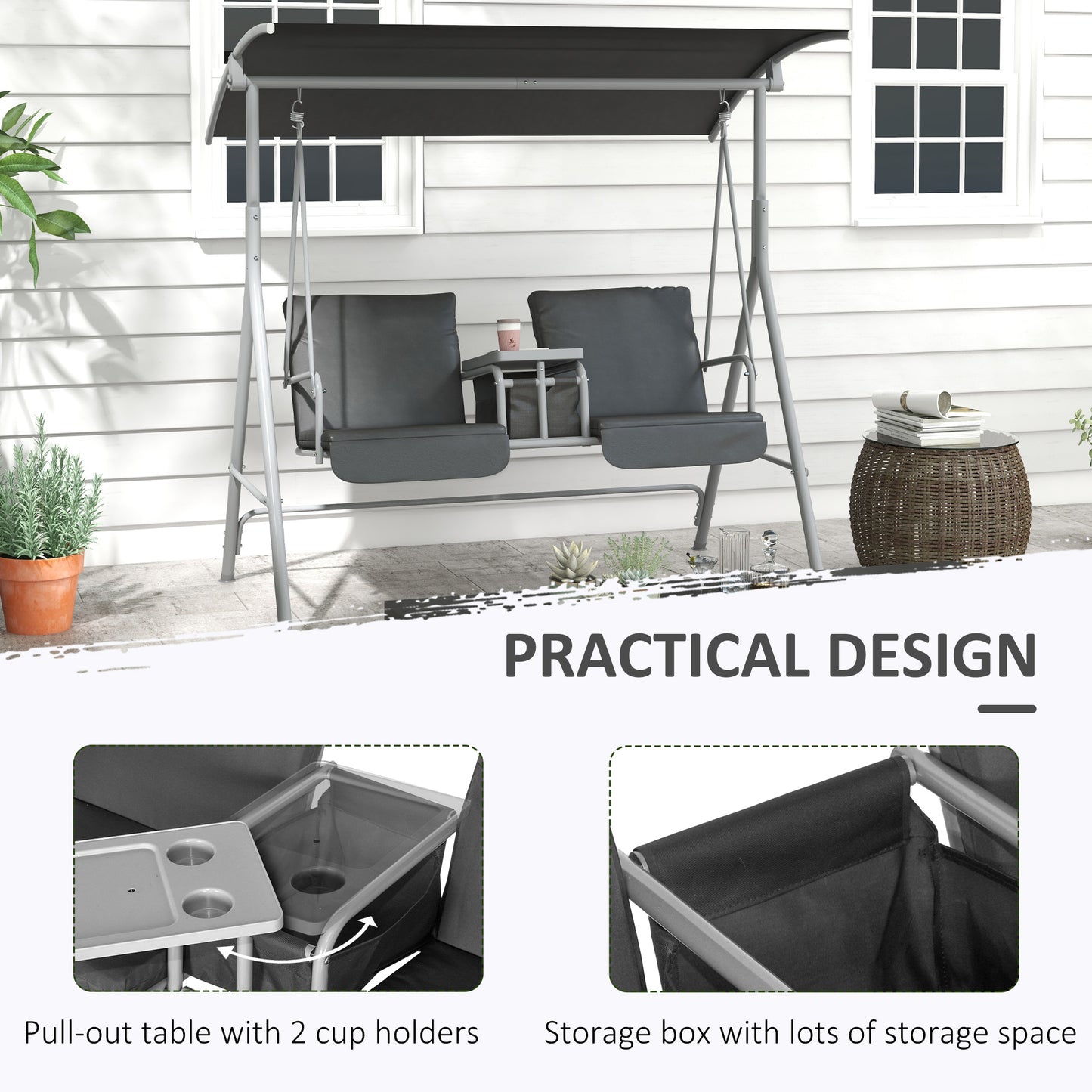 Outsunny 2-Seater Outdoor Porch Swing with Adjustable Canopy and Table, Patio Swing Chair for Garden, Poolside, Backyard, Grey