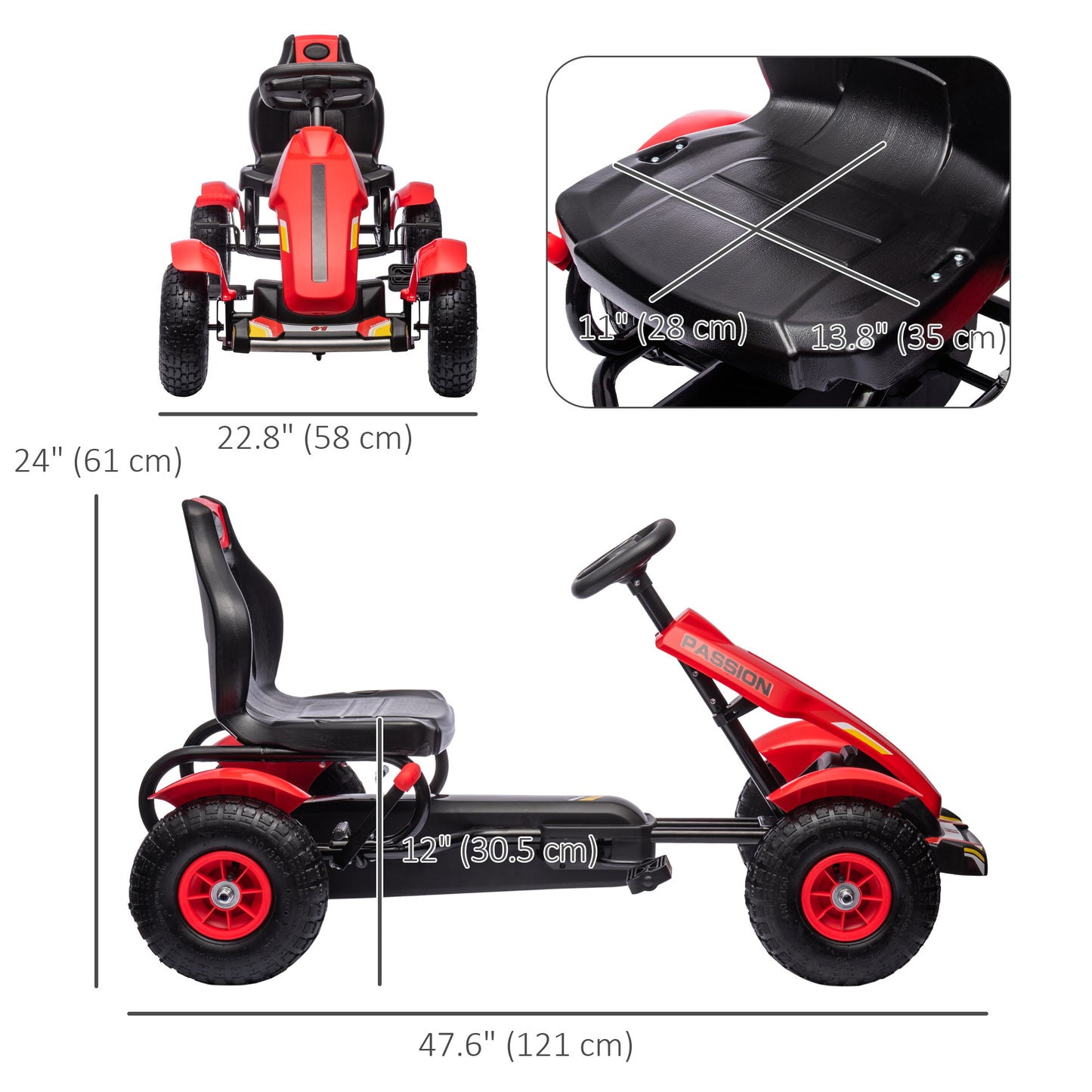 Aosom Pedal Go Kart for Kids, Pedal Car with Adjustable Bucket, Handbrake, 4 Rubber Wheels Powered Ride, White