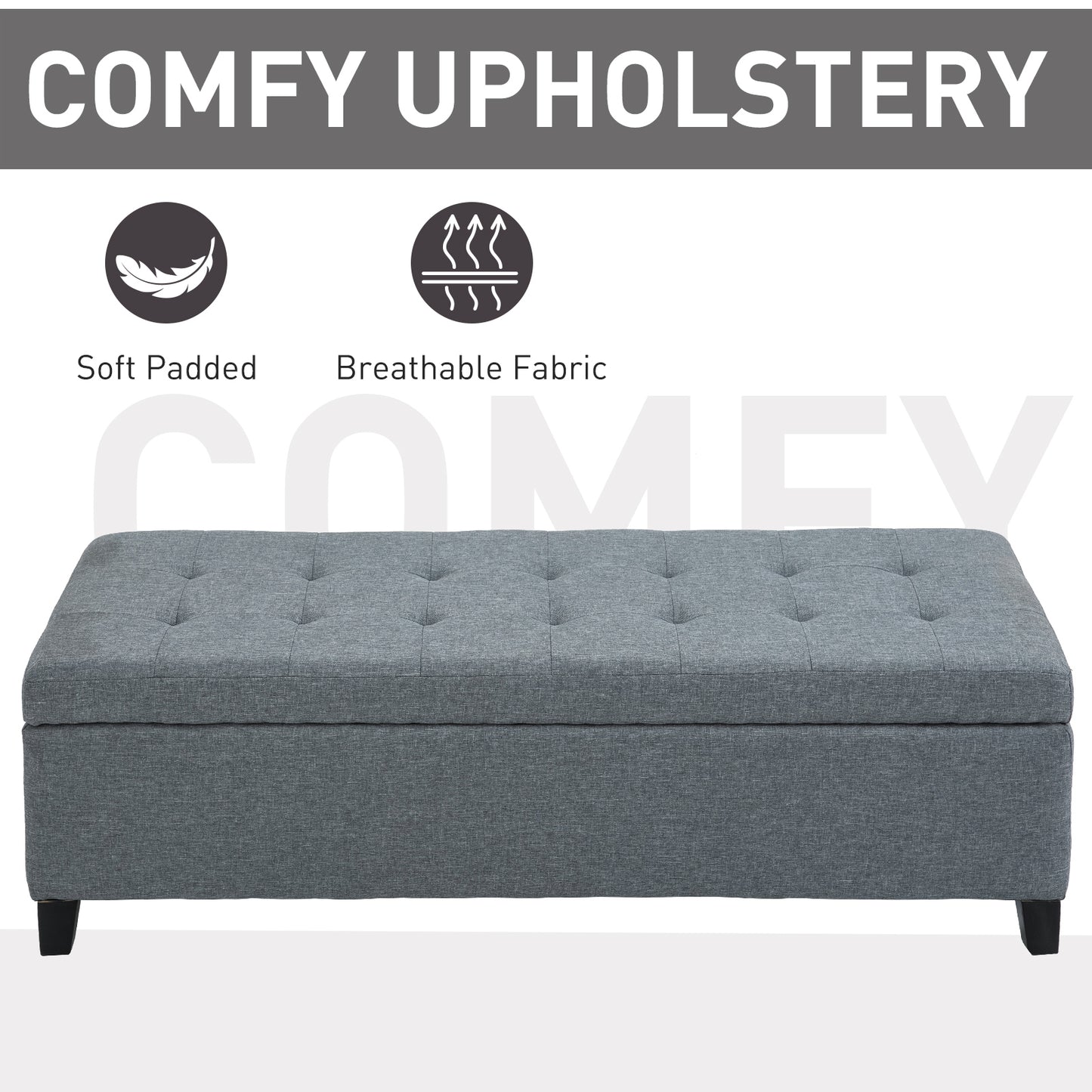 HOMCOM Rectangular Entry Bench, Tufted Upholstered Linen Fabric Wood Feet Storage Ottoman Bench, Beige