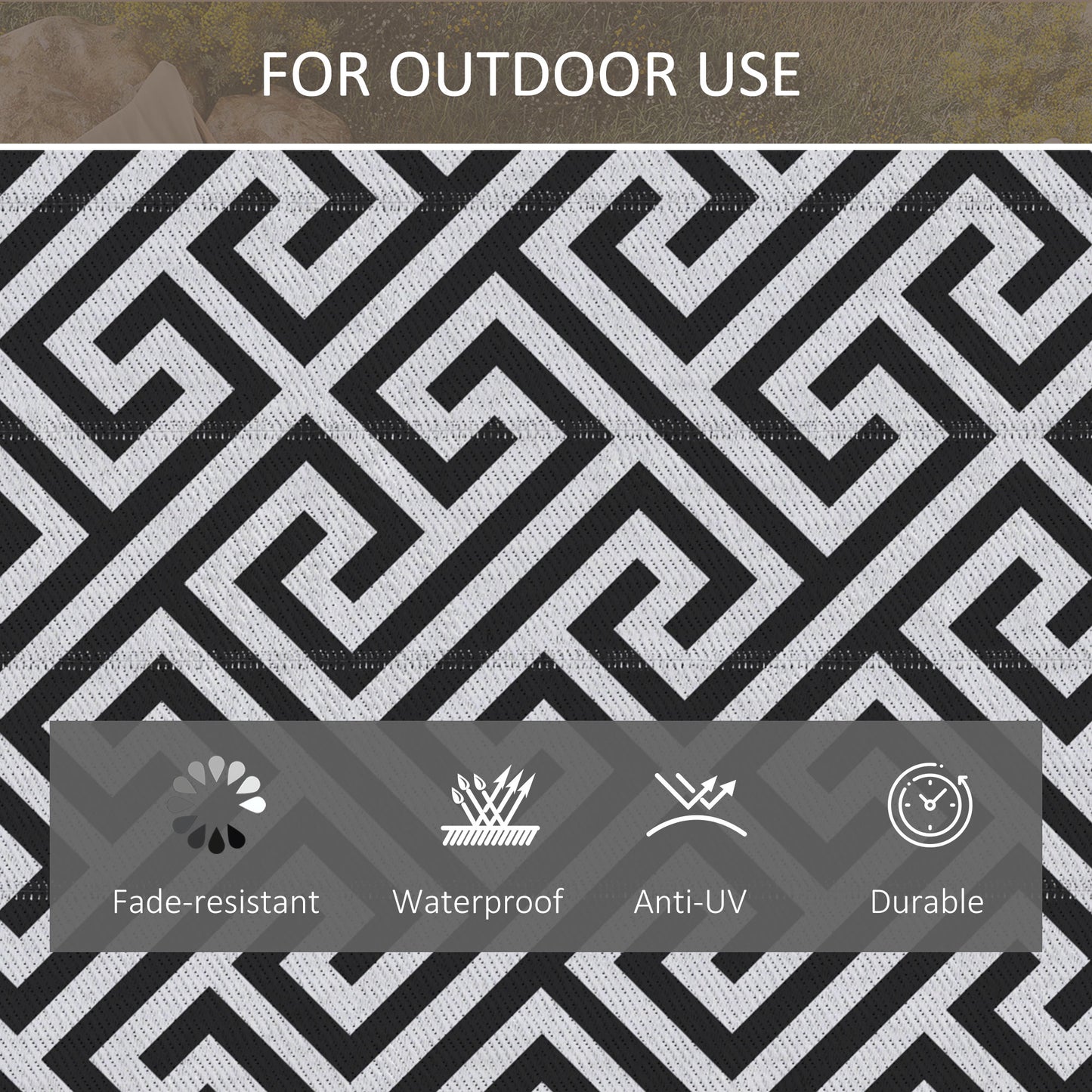 Outsunny Reversible Outdoor RV Rug, Patio Floor Mat, 5' x 8' Plastic Straw Rug for Backyard, Deck, Beach, Camping, Black & White