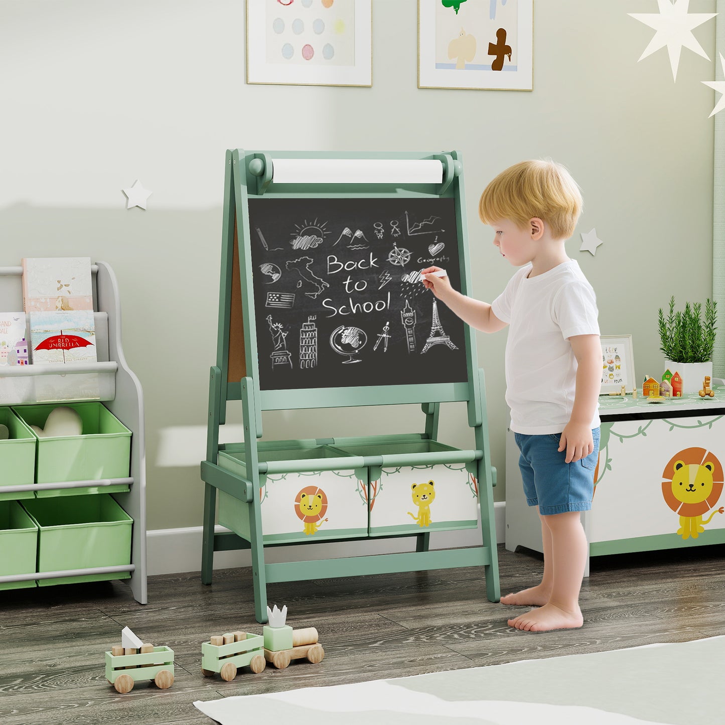 Qaba Art Easel for Kids, Double-Sided Whiteboard & Chalkboard with Paper Roll, 2 Storage Boxes, Gift for Boys, Girls, Pink
