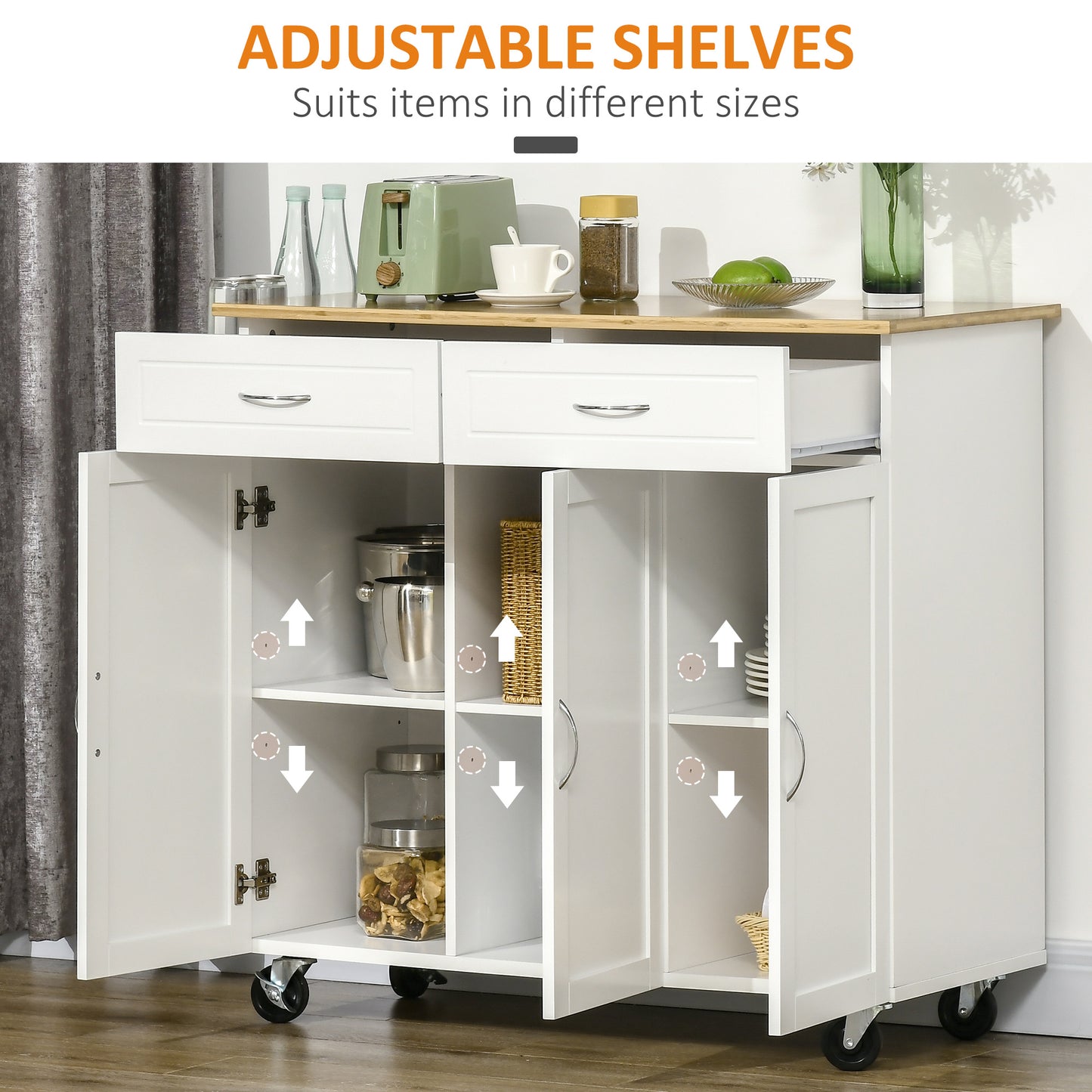 HOMCOM Kitchen Cart with Storage, Rolling Kitchen Island on Wheels with Bamboo Countertop, Drawers, Cabinets, 3 Doors, White