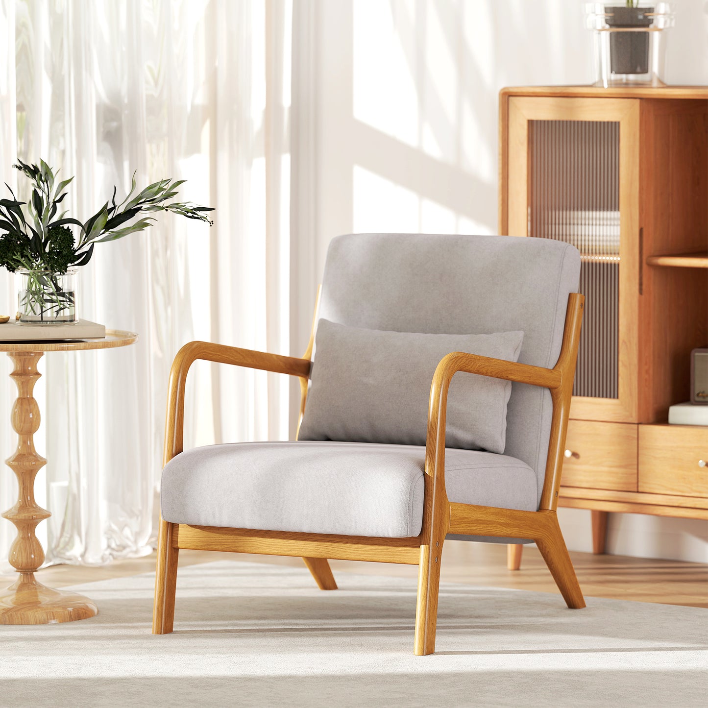 HOMCOM Armchair Upholstered Lounge Chair with Rubber Wood Frame Throw Pillows and Comfortable Cushion, White