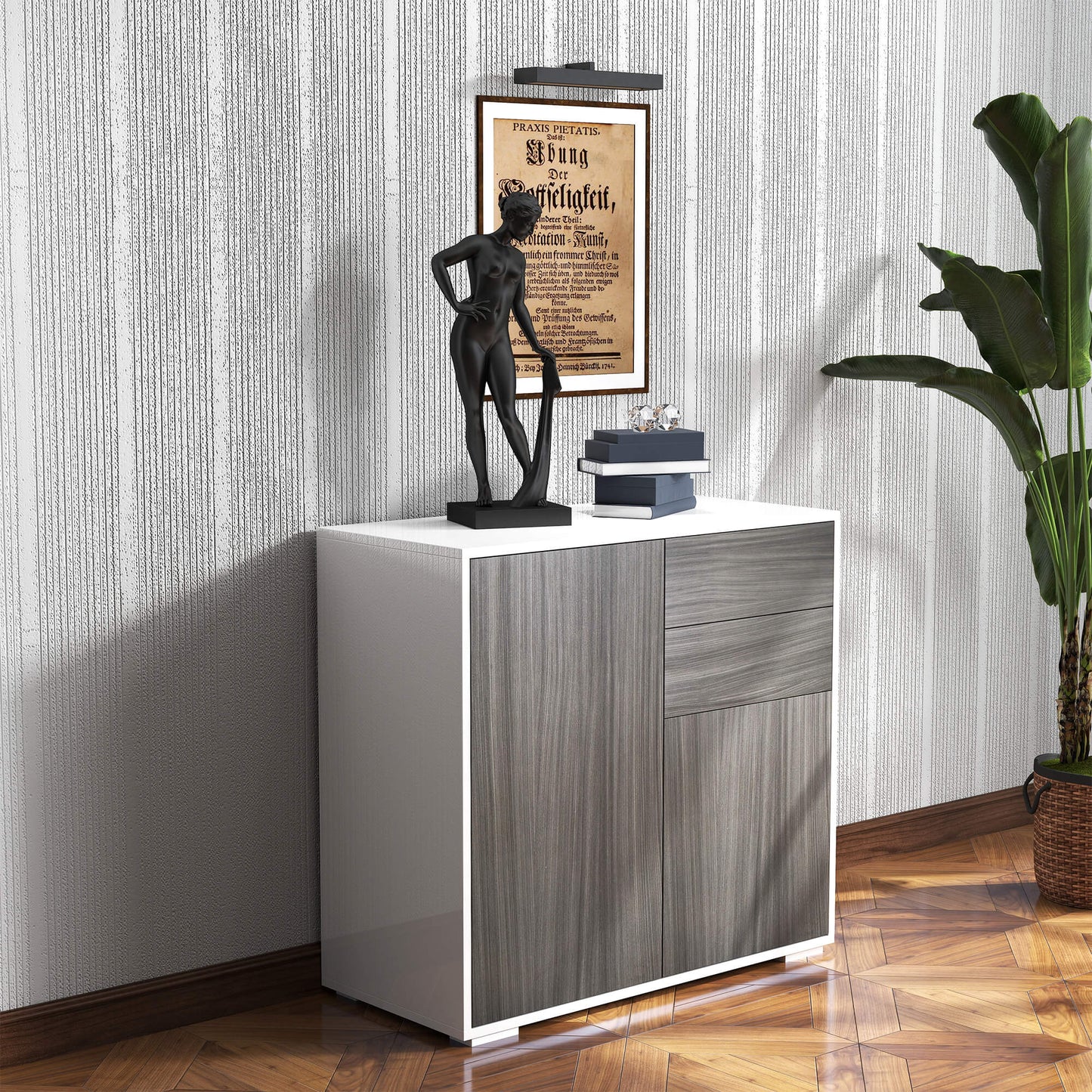 HOMCOM High Gloss Buffet Sideboard with 2 Drawers, 2 Doors and Adjustable Shelf, Kitchen Storage Cabinet with Push Open Design, White