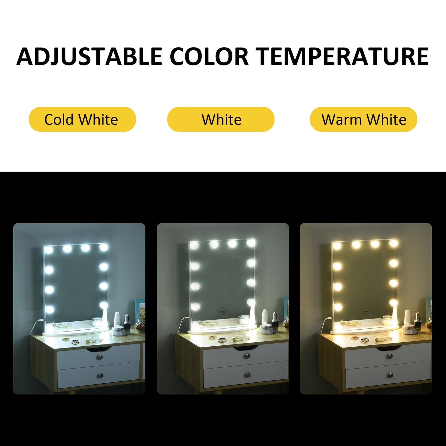 HOMCOM, Hollywood Lighted Makeup Mirror with 12 Dimmable LED Bulbs, 3 Color Lighting Modes, Touch Control Design for Cosmetic Dressing Table, White
