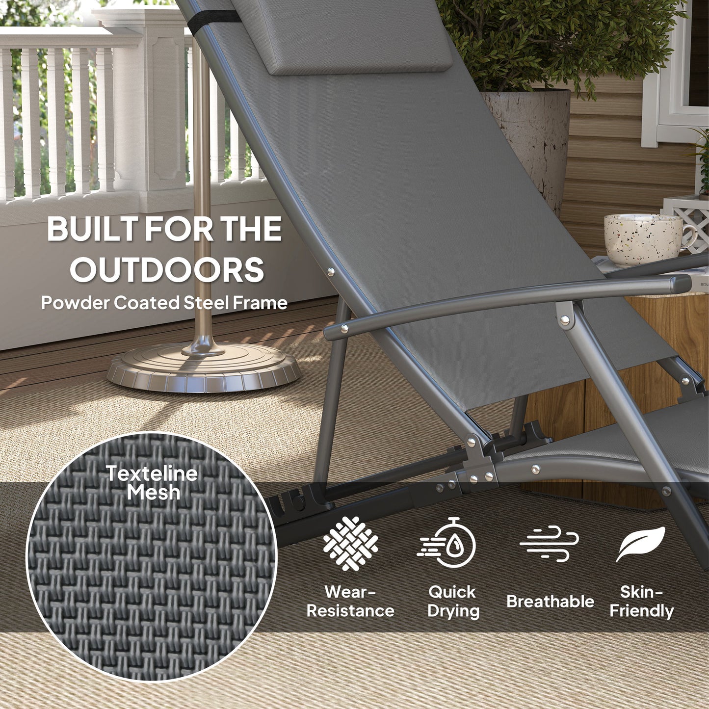 Outsunny Folding Chaise Lounge Chair Set of 2, Reclining Outdoor Lounge Chair Set with Quick Drying Pad Headrest Side Pocket, Tanning Chair Set for Beach Garden Pool, Light Grey