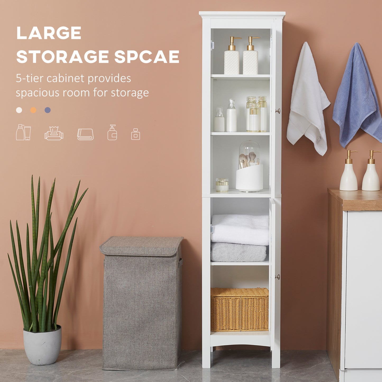 kleankin Tall Bathroom Cabinet, Freestanding Storage Organizer with Adjustable Shelves and Cupboards, 15" x 13" x 63", White
