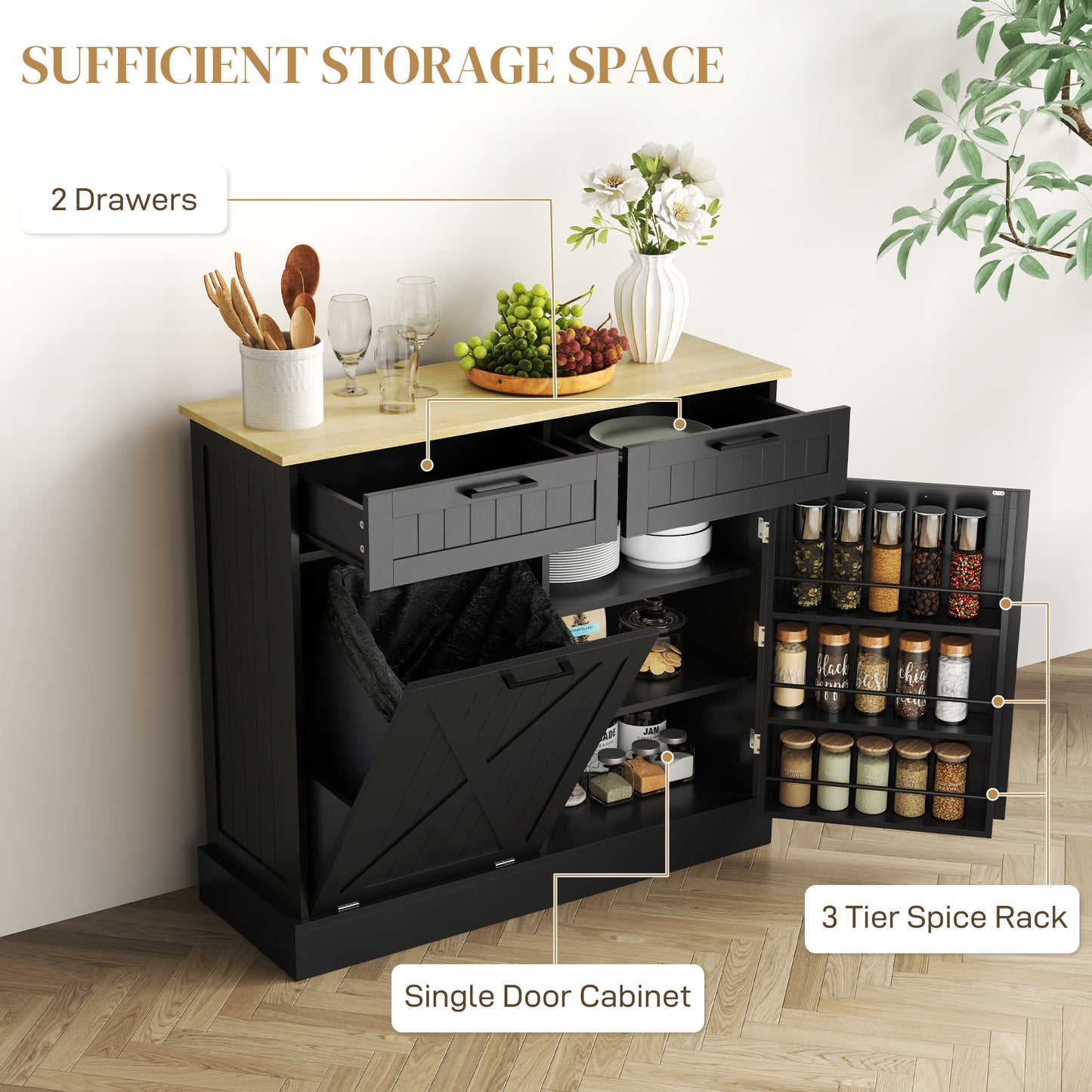 HOMCOM 10 Gallon Hidden Garbage Bin Cabinet, Tilt Out Trash Cabinet w/ 2 Drawers, Freestanding Kitchen Island, Black
