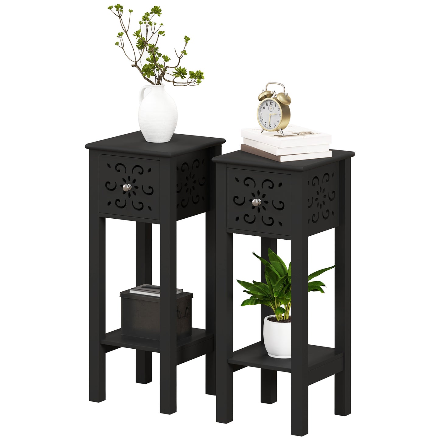 HOMCOM Nightstand Set of 2 with Drawer and Open Storage Shelf White