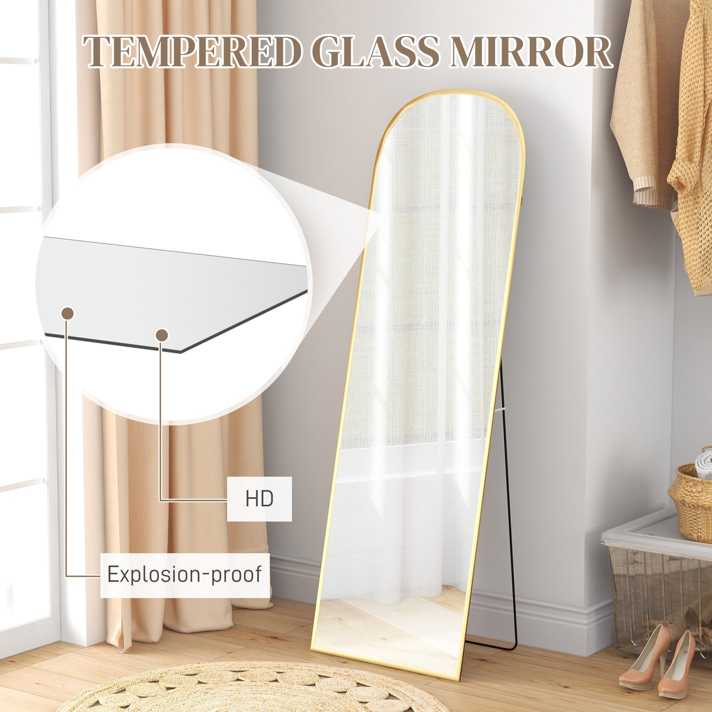 HOMCOM Arched Standing Mirror, 64" x 20" Full Length Mirror, Free Standing or Wall Mounted for Living Room, Bedroom, Black