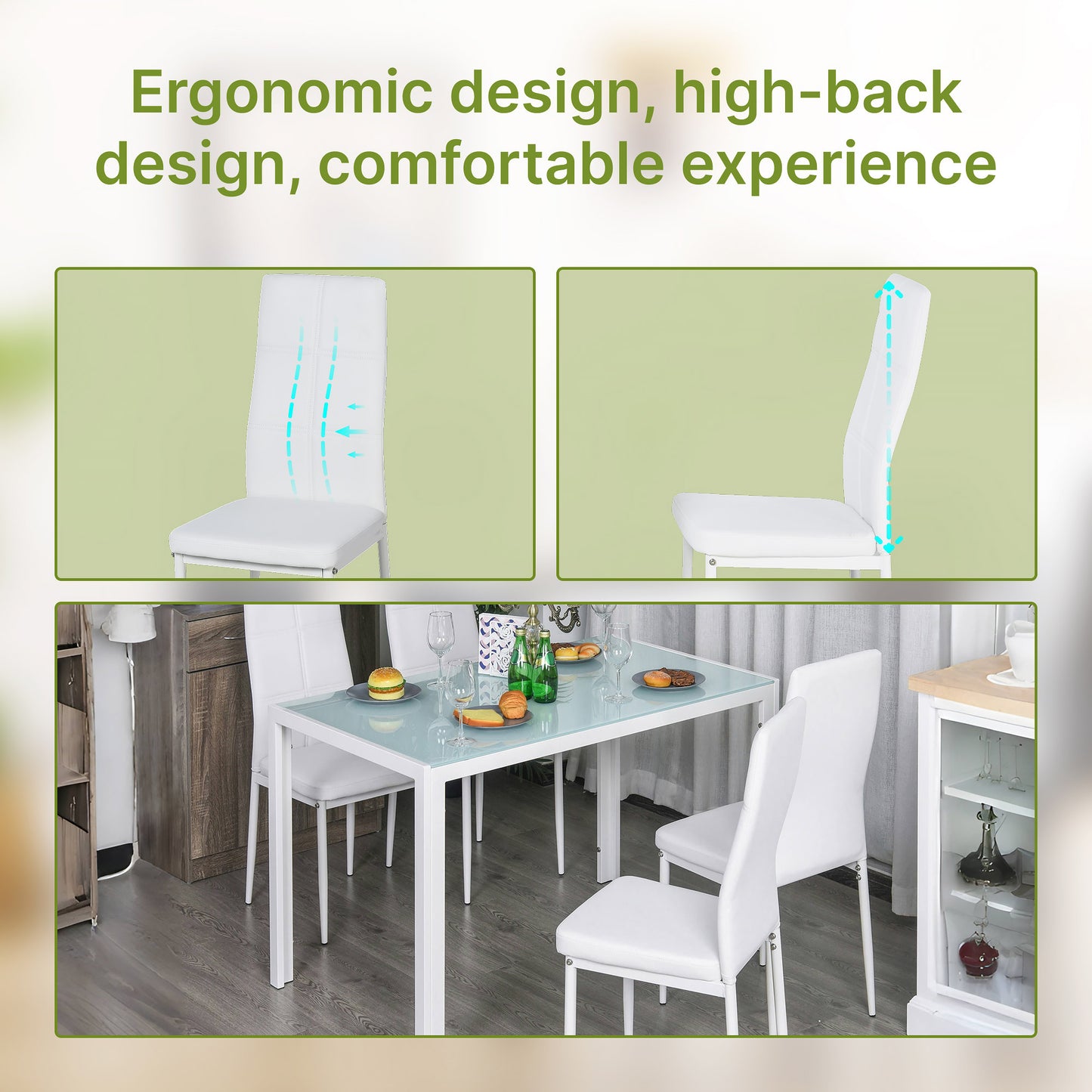 HOMCOM 5-Piece Rectangular Glass Kitchen Table and Chairs with Metal Frame and Faux Leather Upholstery for Dining Room, White