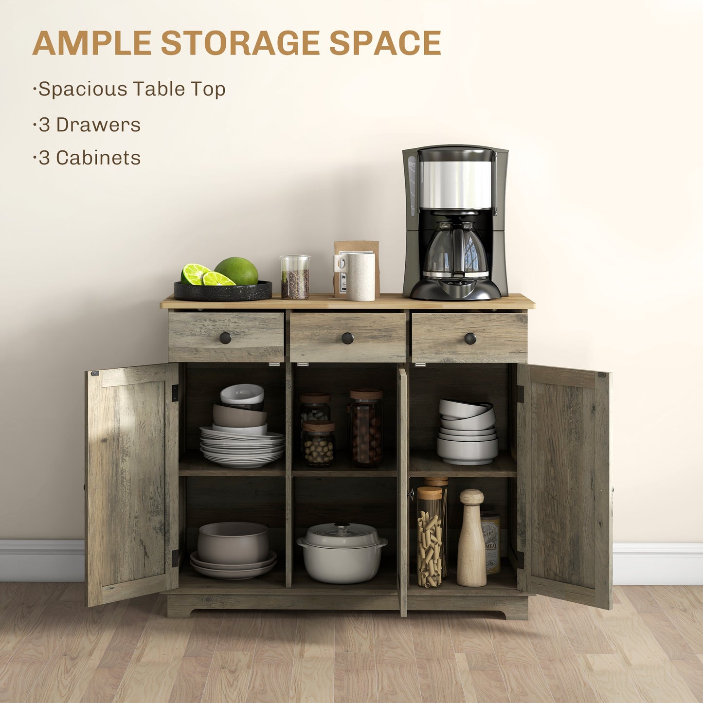 HOMCOM Modern Sideboard, Buffet Cabinet with Storage Cabinets, Drawers and Adjustable Shelves for Living Room, Washed Grey