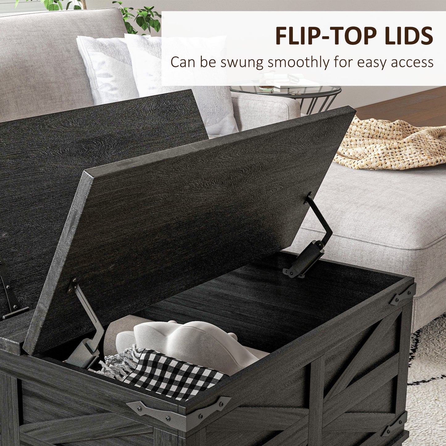 HOMCOM Farmhouse Coffee Table, Square Center Table with Flip-top Lids, Hidden Storage Compartment, Black