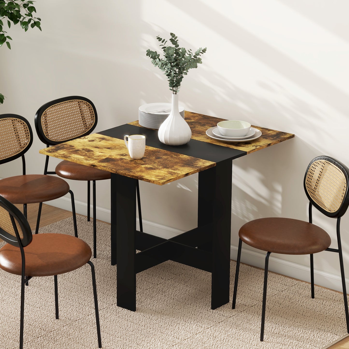 HOMCOM Drop Leaf Dining Table Wood Folding Table Multi-Use Side Table Dining Desk Space Saving Table, Rustic Brown and Black