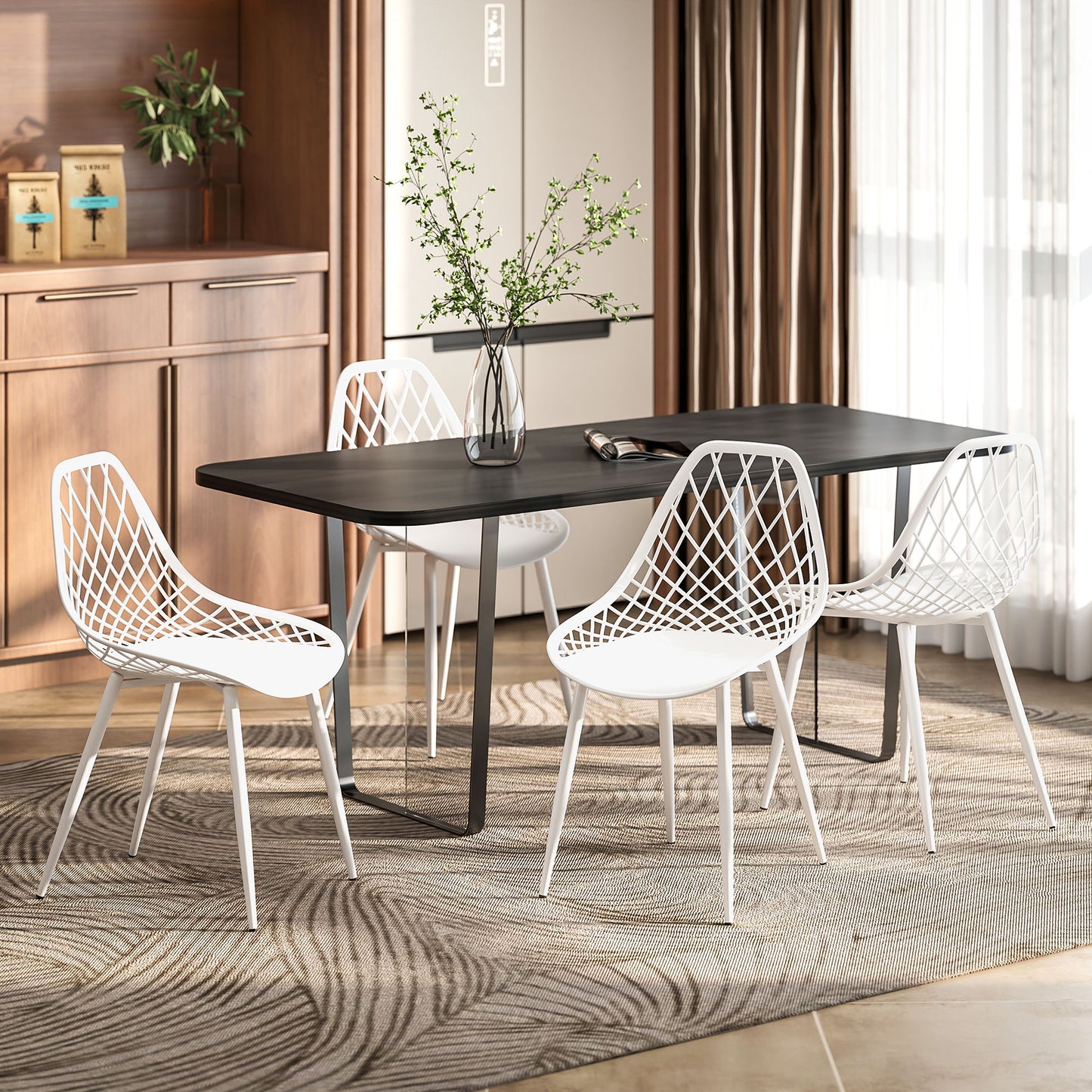 HOMCOM Modern Dining Chairs Set of 4, Plastic Kitchen Chairs with Hollow Backrest and Metal Legs for Living Dining Room, White